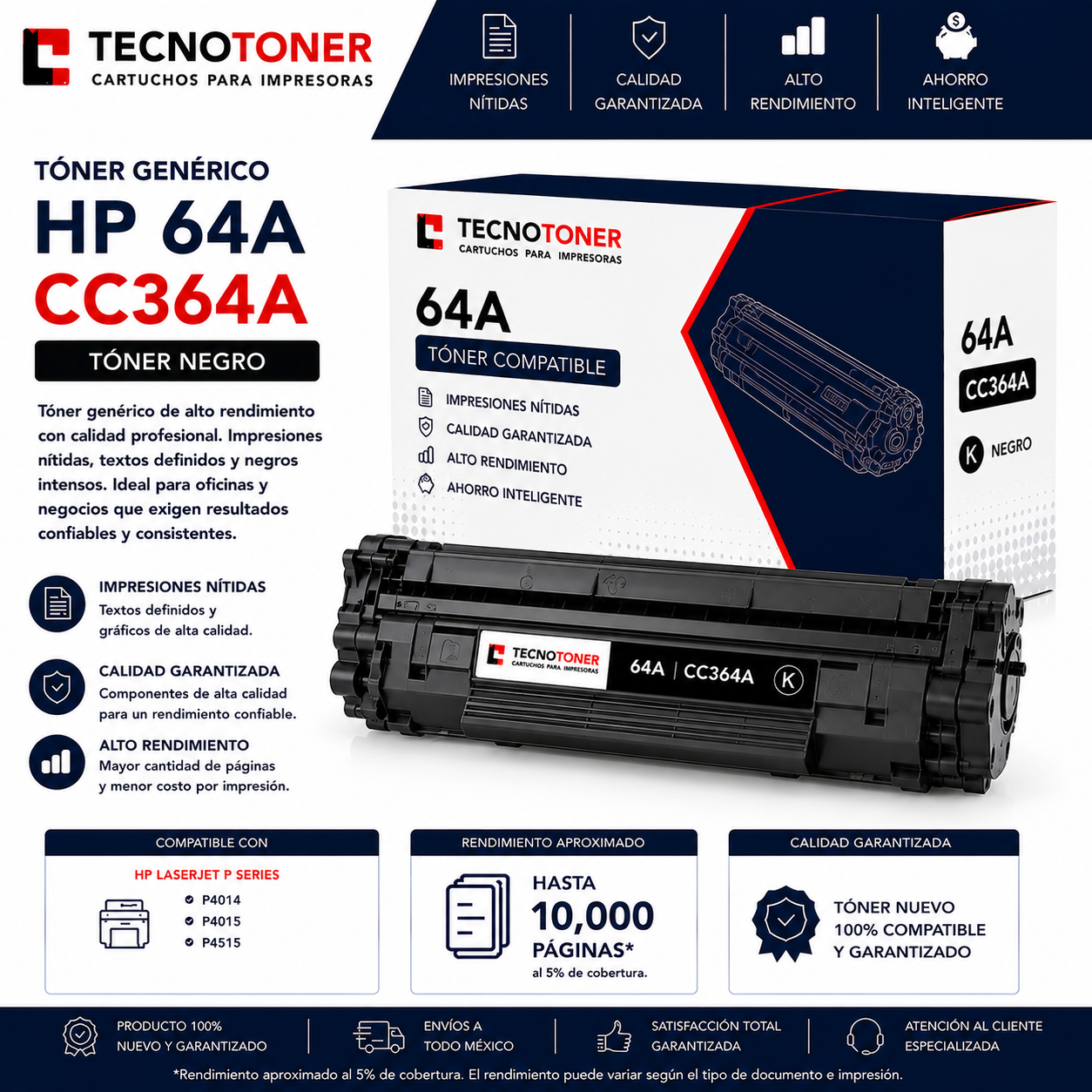 Tóner HP 64A CC364A Para HP LaserJet P4014 P4015 P4515