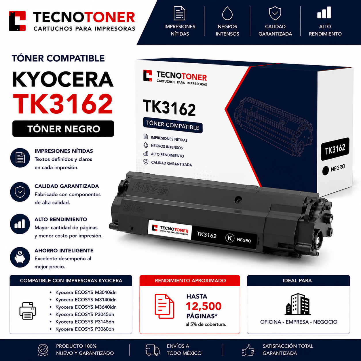 Tóner Kyocera TK-3162 Para ECOSYS P3045dn P3050dn P3055dn P3060dn M3145idn M3645idn M3655idn