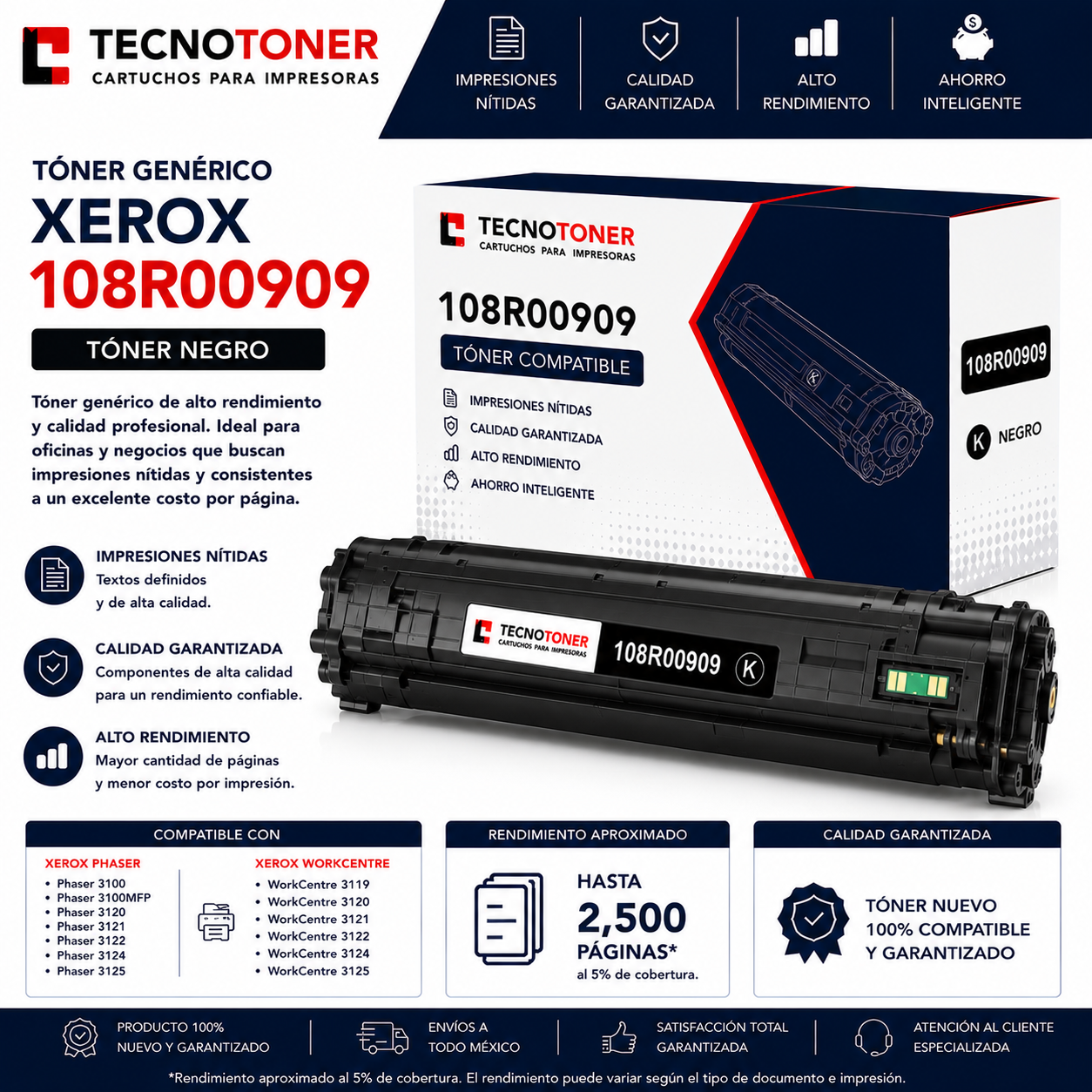 Tóner Xerox 108R00909 Para Phaser 3140 3155 3160 WorkCentre 3119 3210 3220