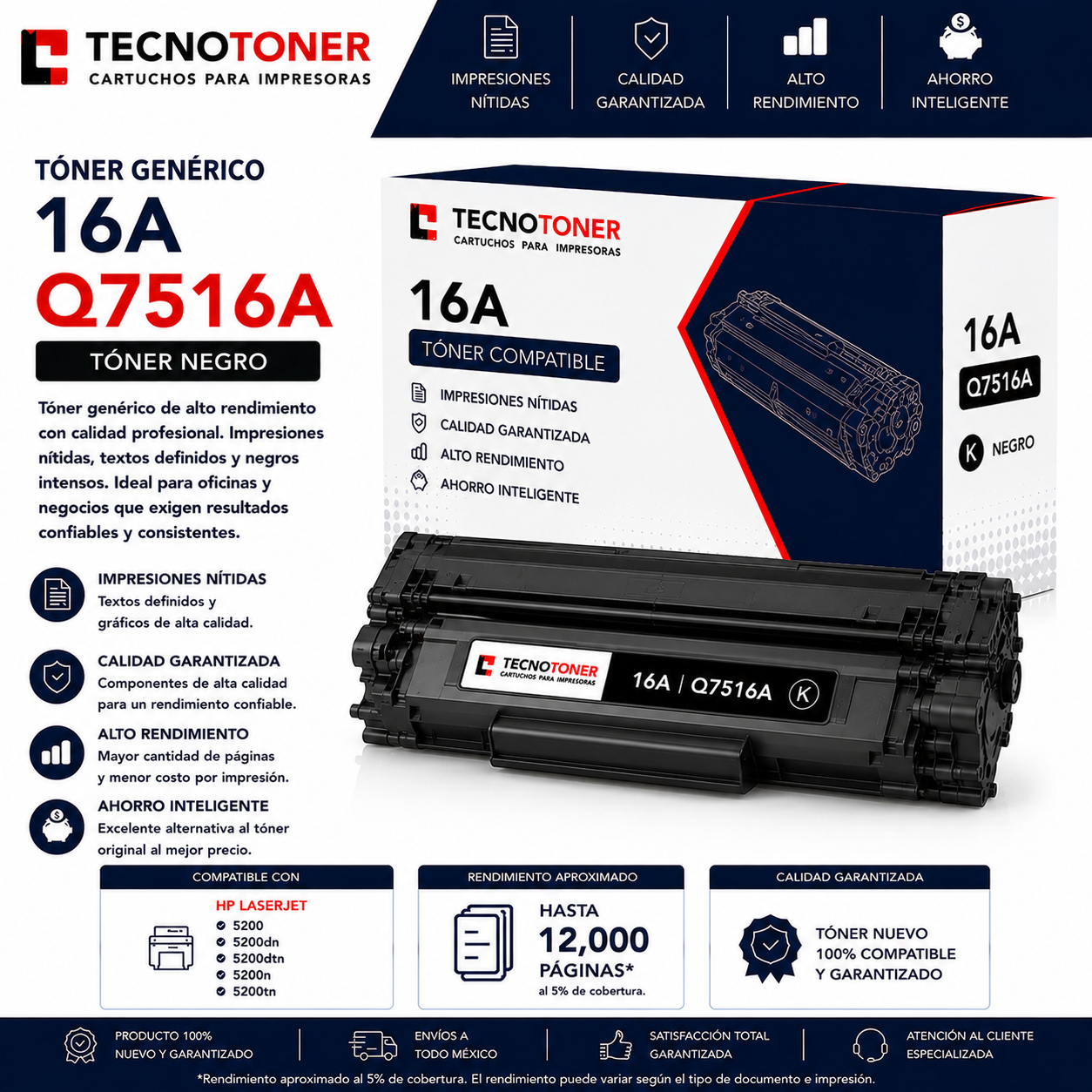 Tóner HP 16A Q7516A Para HP LaserJet 5200 5200n 5200tn 5200dtn