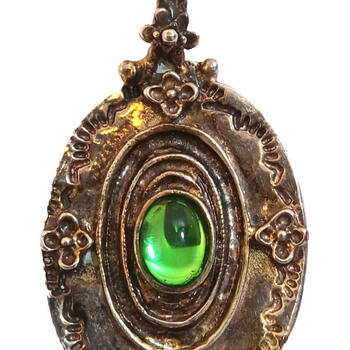 Brasstone Pewter Scandinavian Pendant Green Stone 1 4/8" x 1" Textured Finish