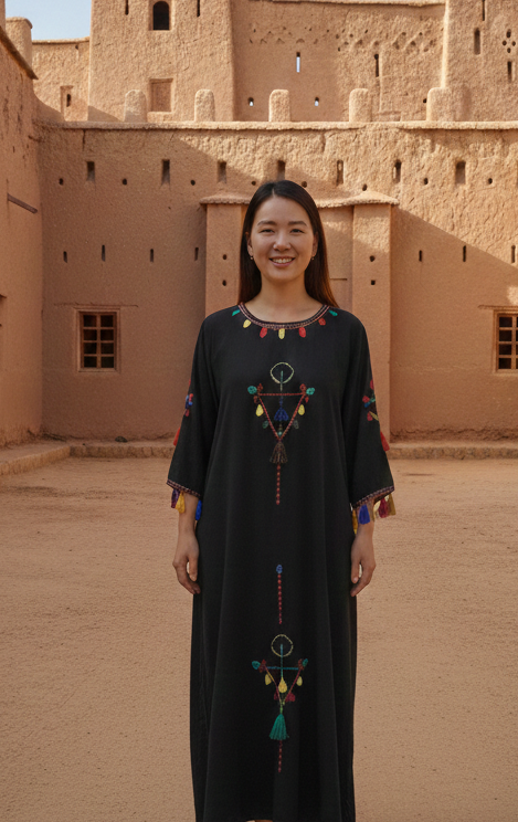 Robe marocaine noire aux motifs colorés