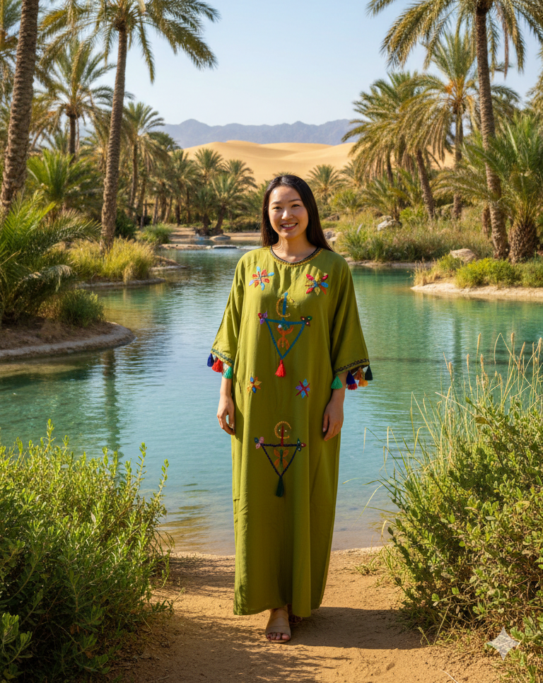 Robe de couleur Verte Brodée pour les sorties en palmerie ou pour les fêtes en famille