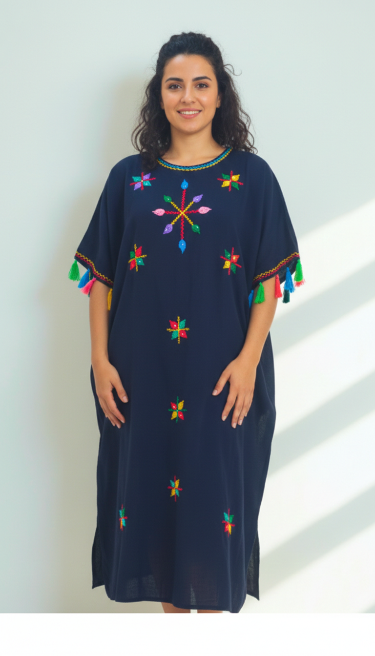 Robe marocaine noire aux motifs colorés