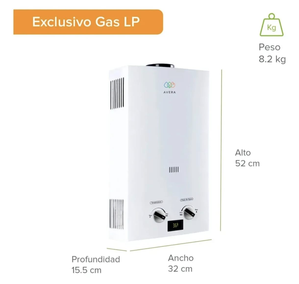 Calentador de agua Instantáneo Gas LP, 12 Litros/Minuto, Boiler de Paso para 2.5 Servicio, Fácil Instalación, 80% Ahorro de Gas y Agua Caliente al Instante, AVERA C12L