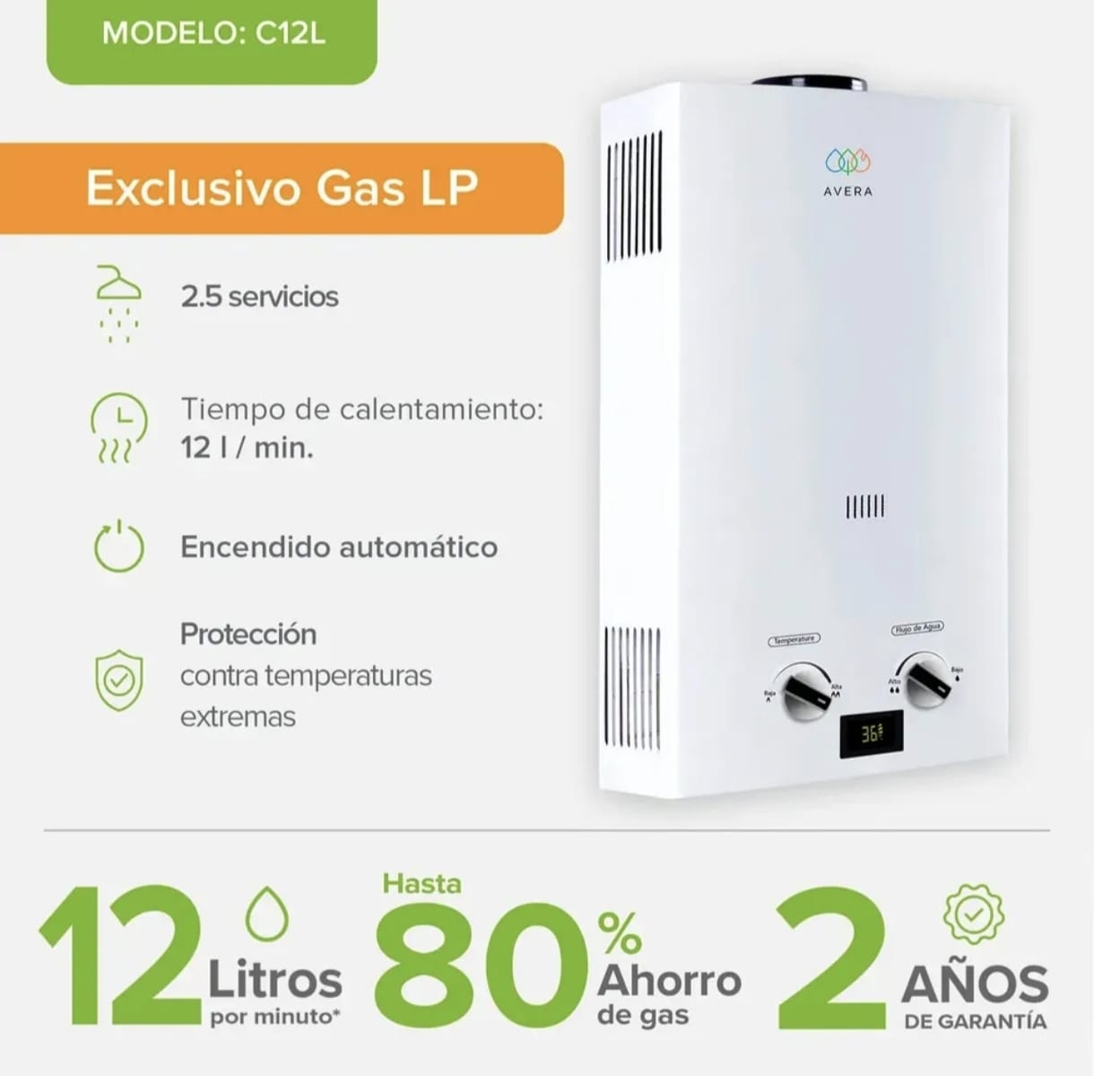 Calentador de agua Instantáneo Gas LP, 12 Litros/Minuto, Boiler de Paso para 2.5 Servicio, Fácil Instalación, 80% Ahorro de Gas y Agua Caliente al Instante, AVERA C12L