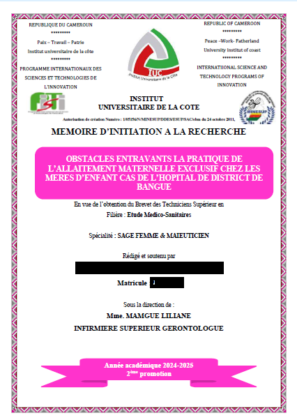 OBSTACLES ENTRAVANTS LA PRATIQUE DE L’ALLAITEMENT MATERNELLE EXCLUSIF CHEZ LES MERES D’ENFANT CAS DE L’HOPITAL DE DISTRICT DE BANGUE