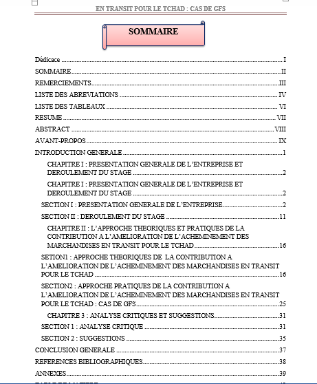 CONTRIBUTION  A L’AMELIORATION DE L’ACHEMINEMENT DES MARCHANDISES EN TRANSIT POUR LE TCHAD : CAS DE GFS