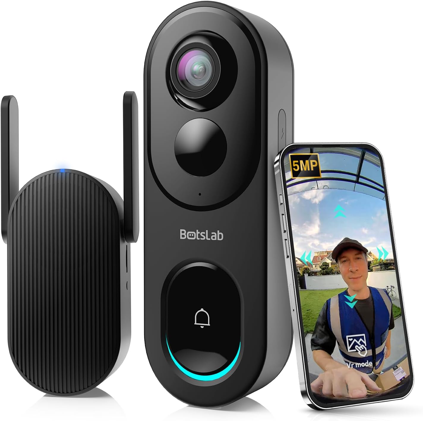 BOTSLAB Timbre de puerta inalámbrico, timbre de video de 5 MP, vista panorámica de 180