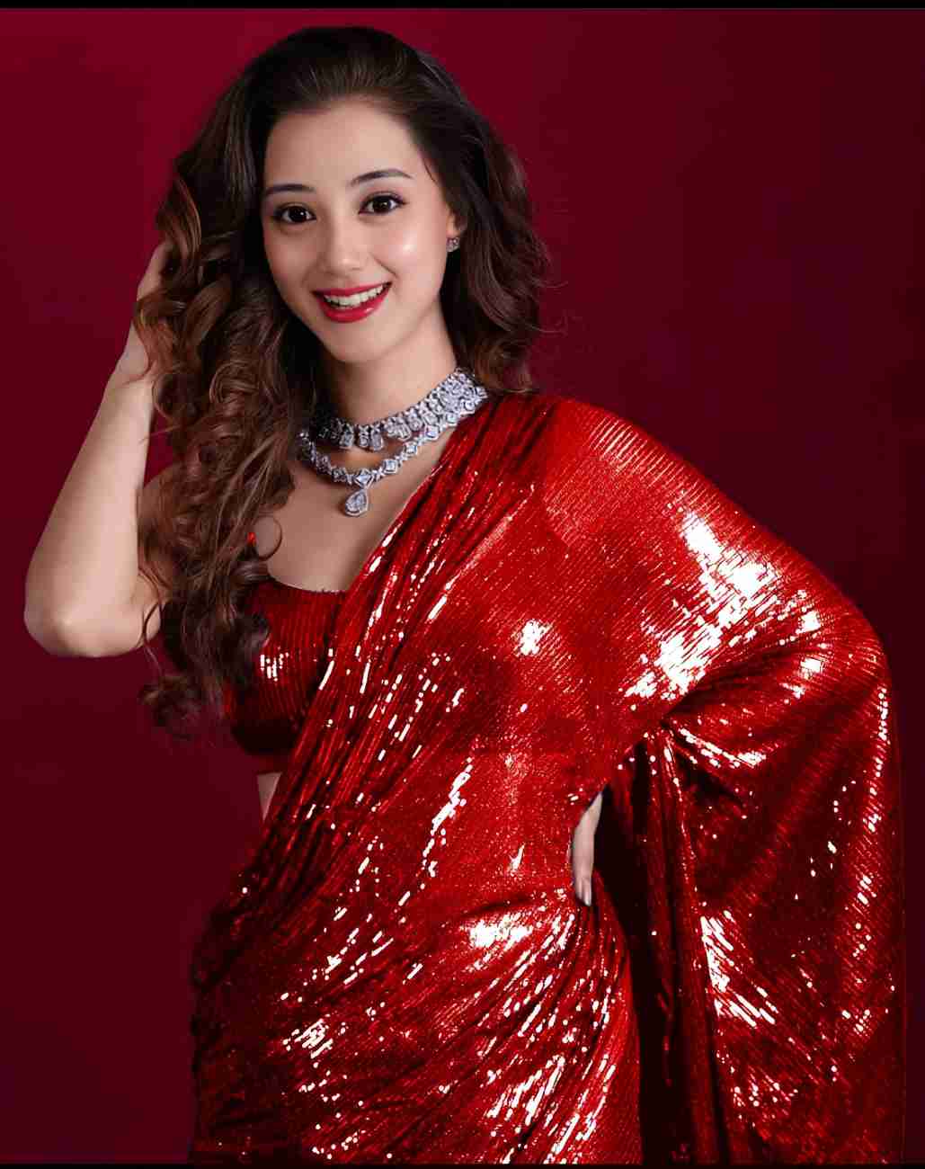 Red Sequin Party Saree