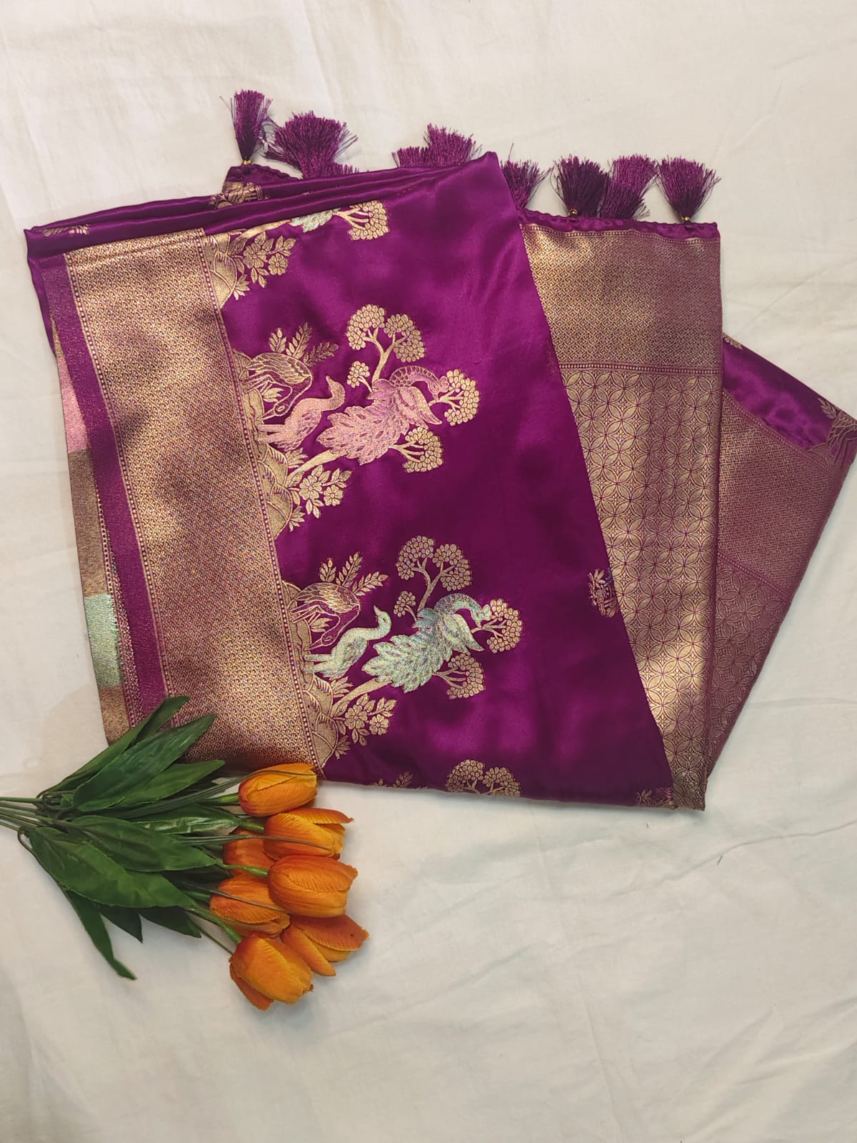 Royal Purple Pattu Fancy Saree with Golden Peacock Design