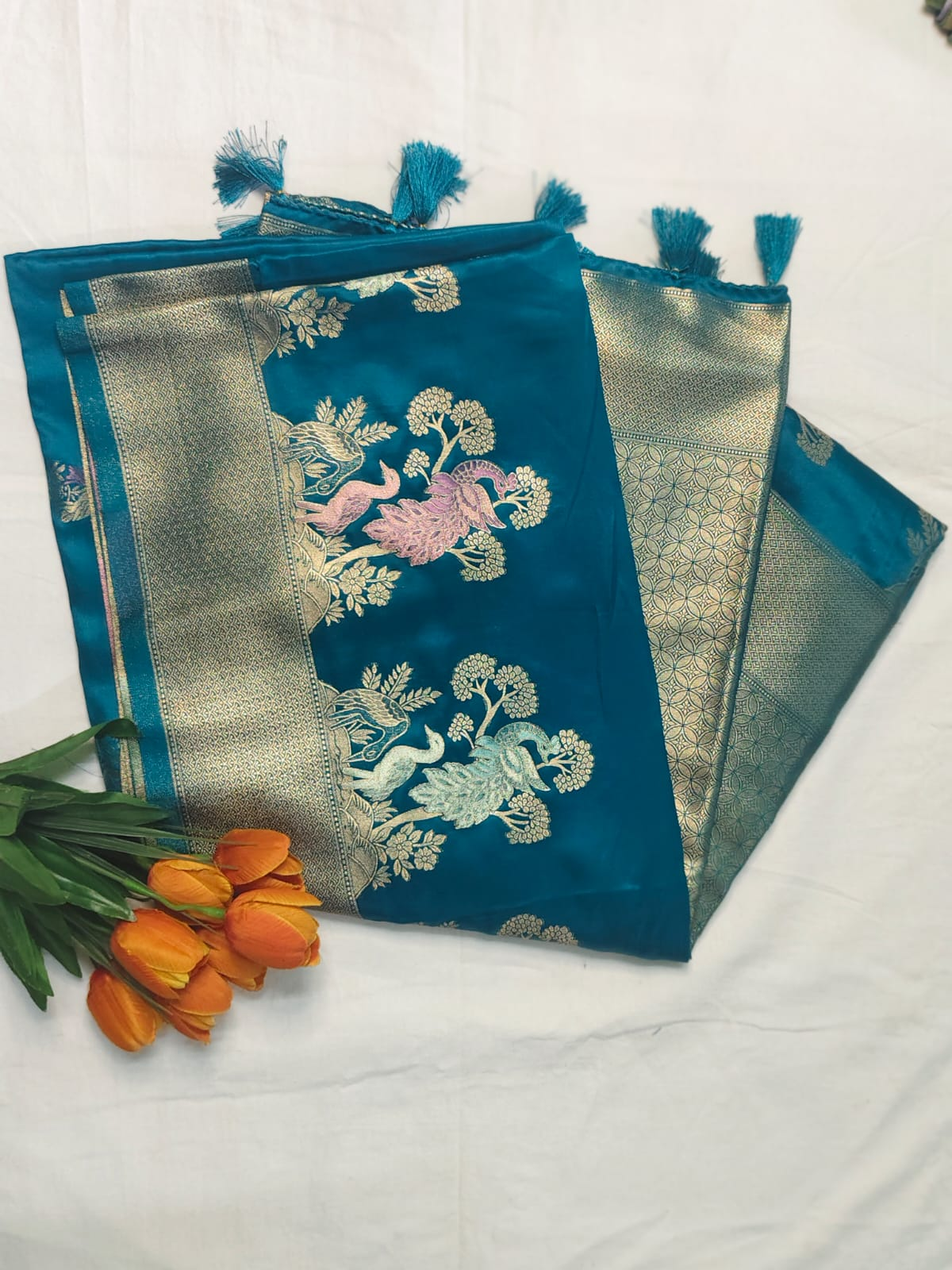 Elegant Peacock Blue Pattu Fancy Saree with Golden Peacock Weaving