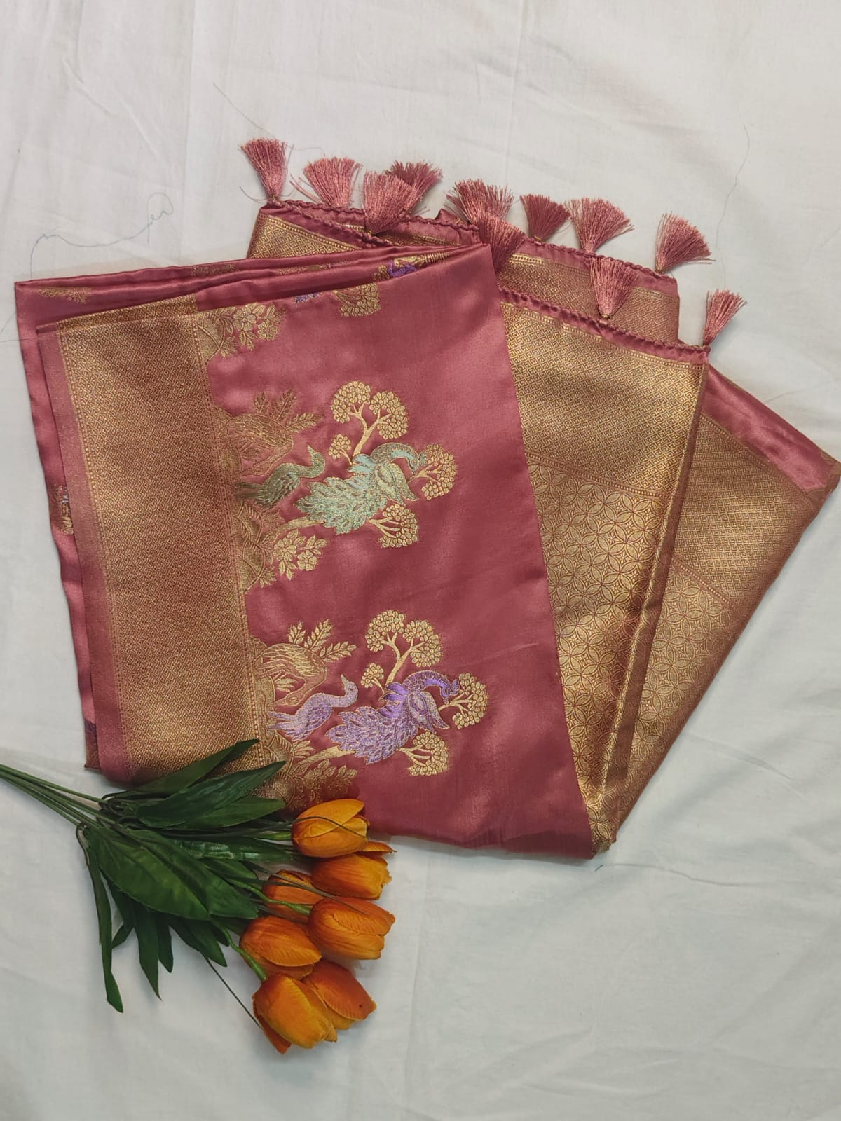 Elegant Rose Gold Pattu Fancy Saree with Golden Peacock Weaving
