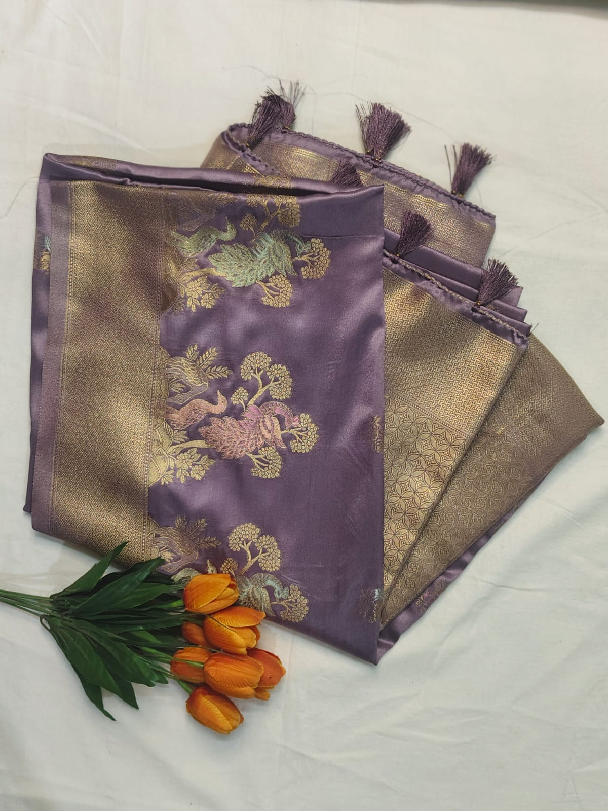 Elegant Lavender Pattu Fancy Saree with Golden Peacock Weaving