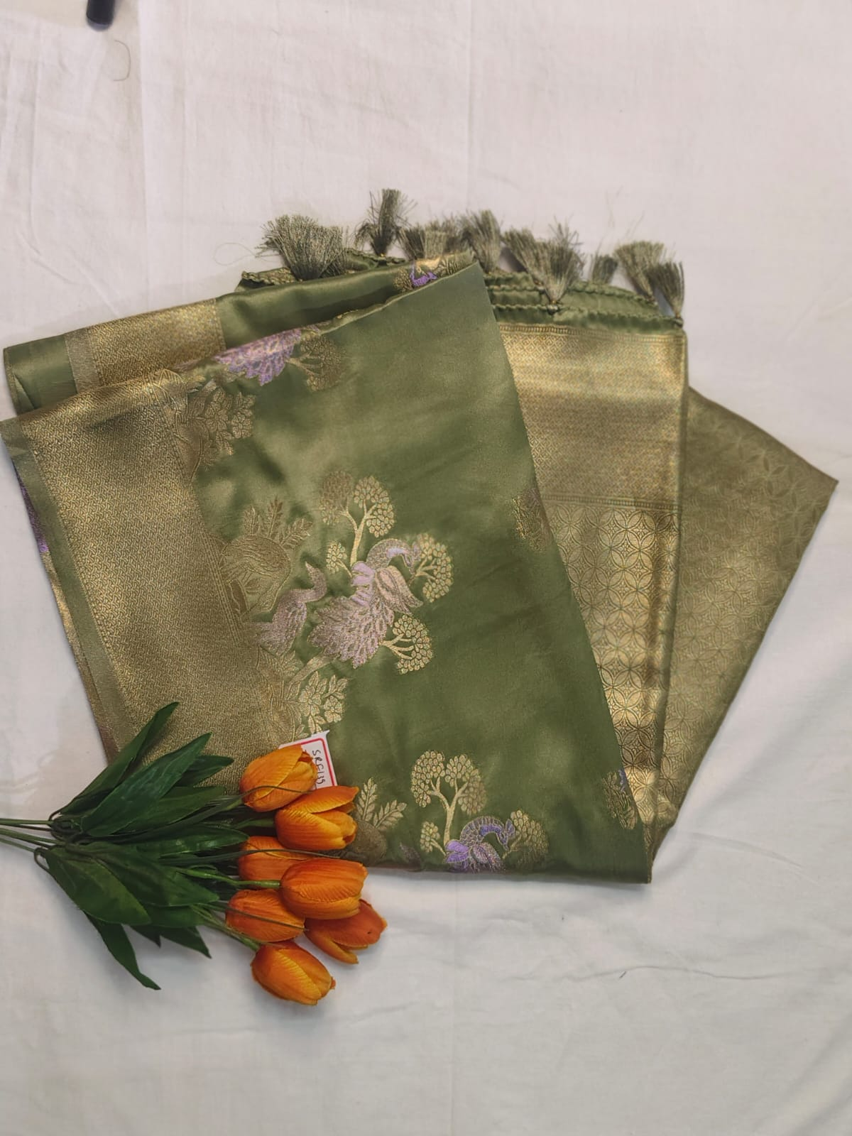 Elegant Olive Green Pattu Fancy Saree with Golden Peacock Weaving