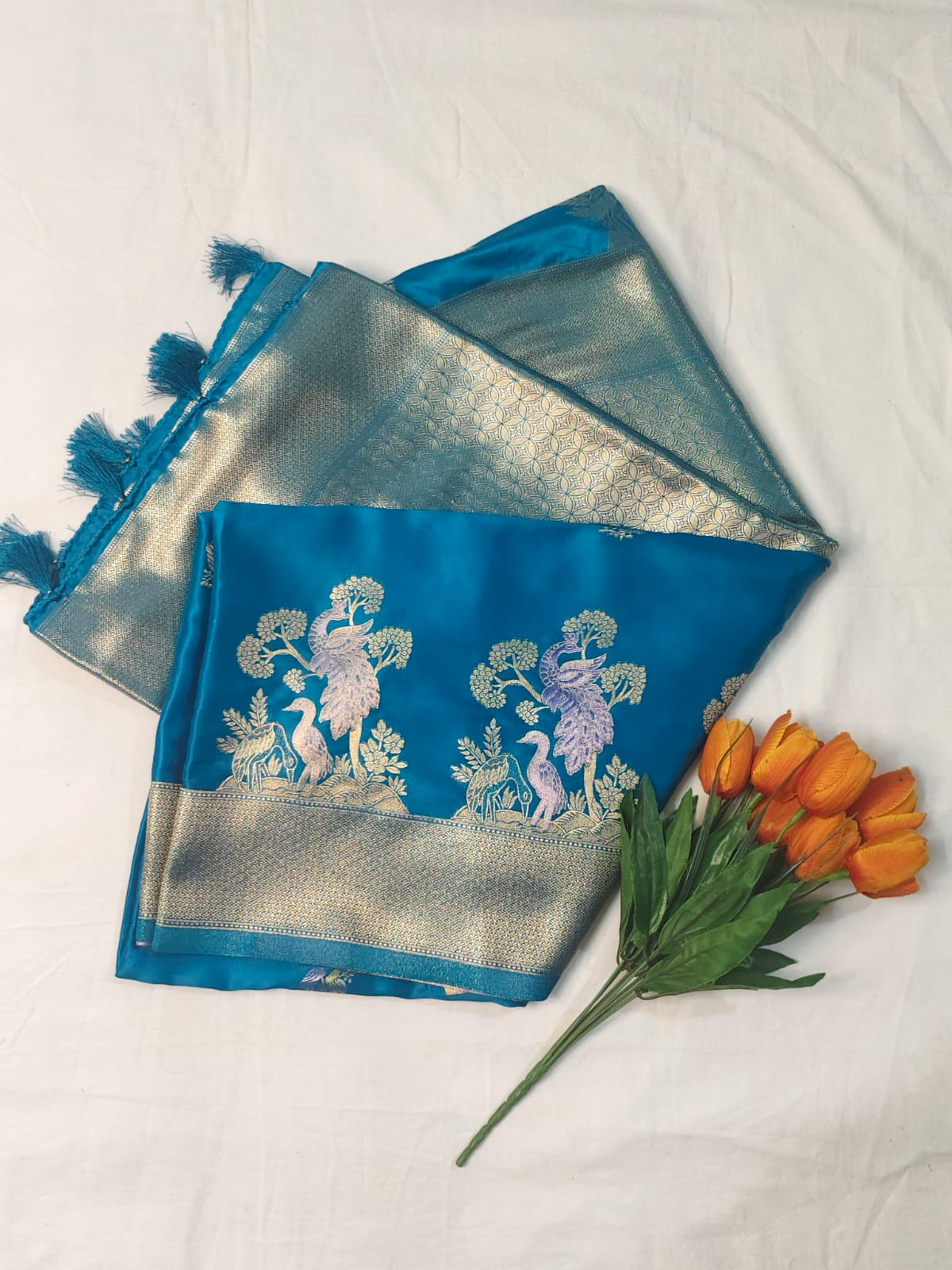 Royal Blue Pattu Fancy Saree with Silver Peacock Weaving