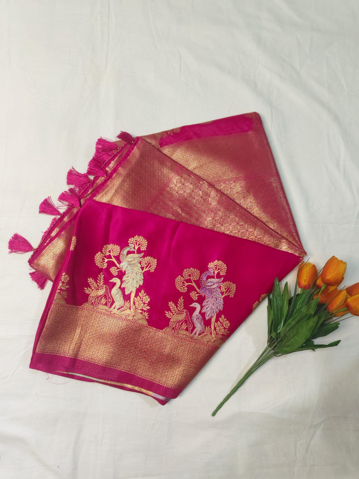 Elegant Pink Pattu Fancy Saree with Golden Peacock Weaving