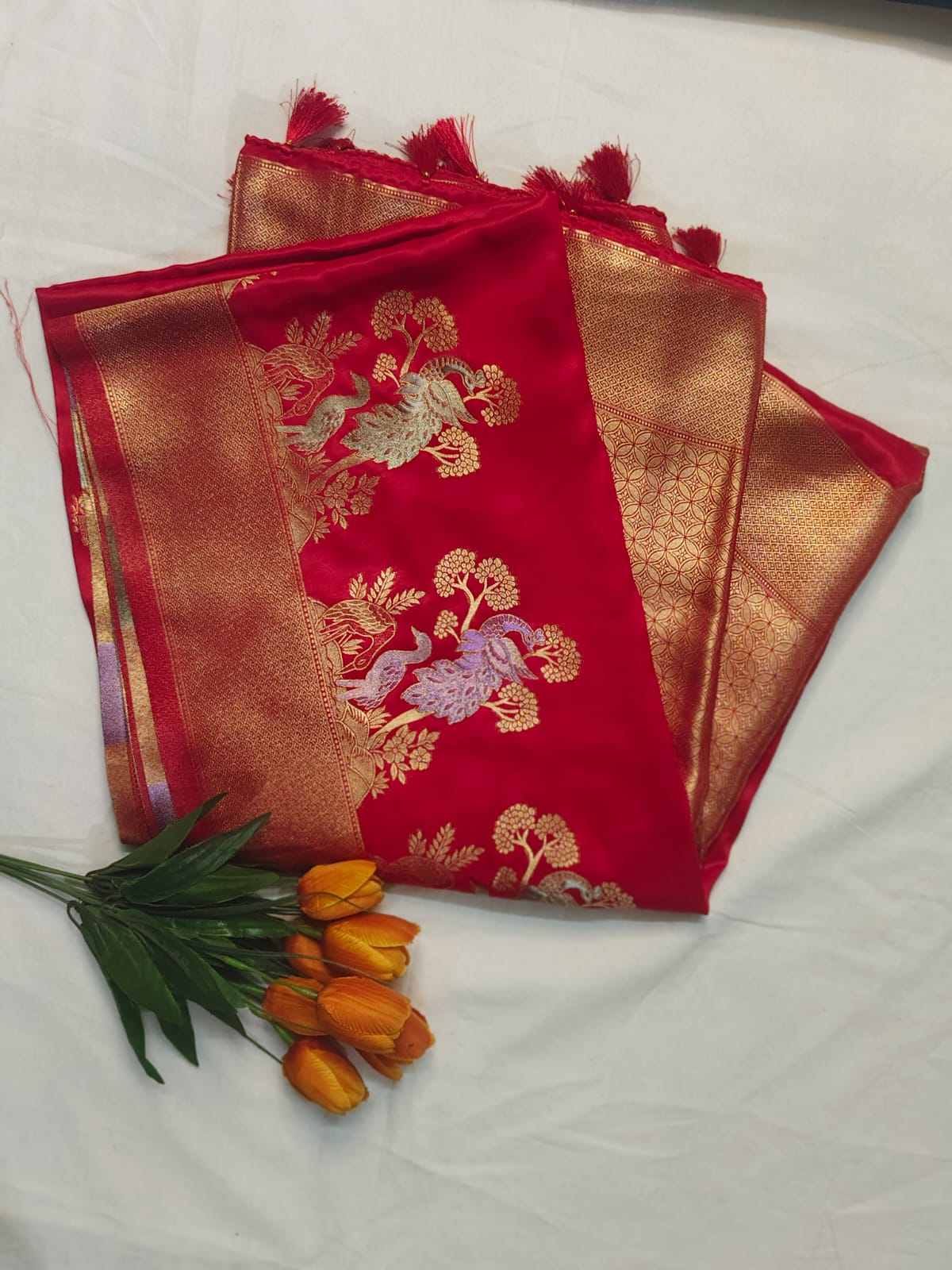 Classic Red Pattu Fancy Saree with Golden Peacock Weaving