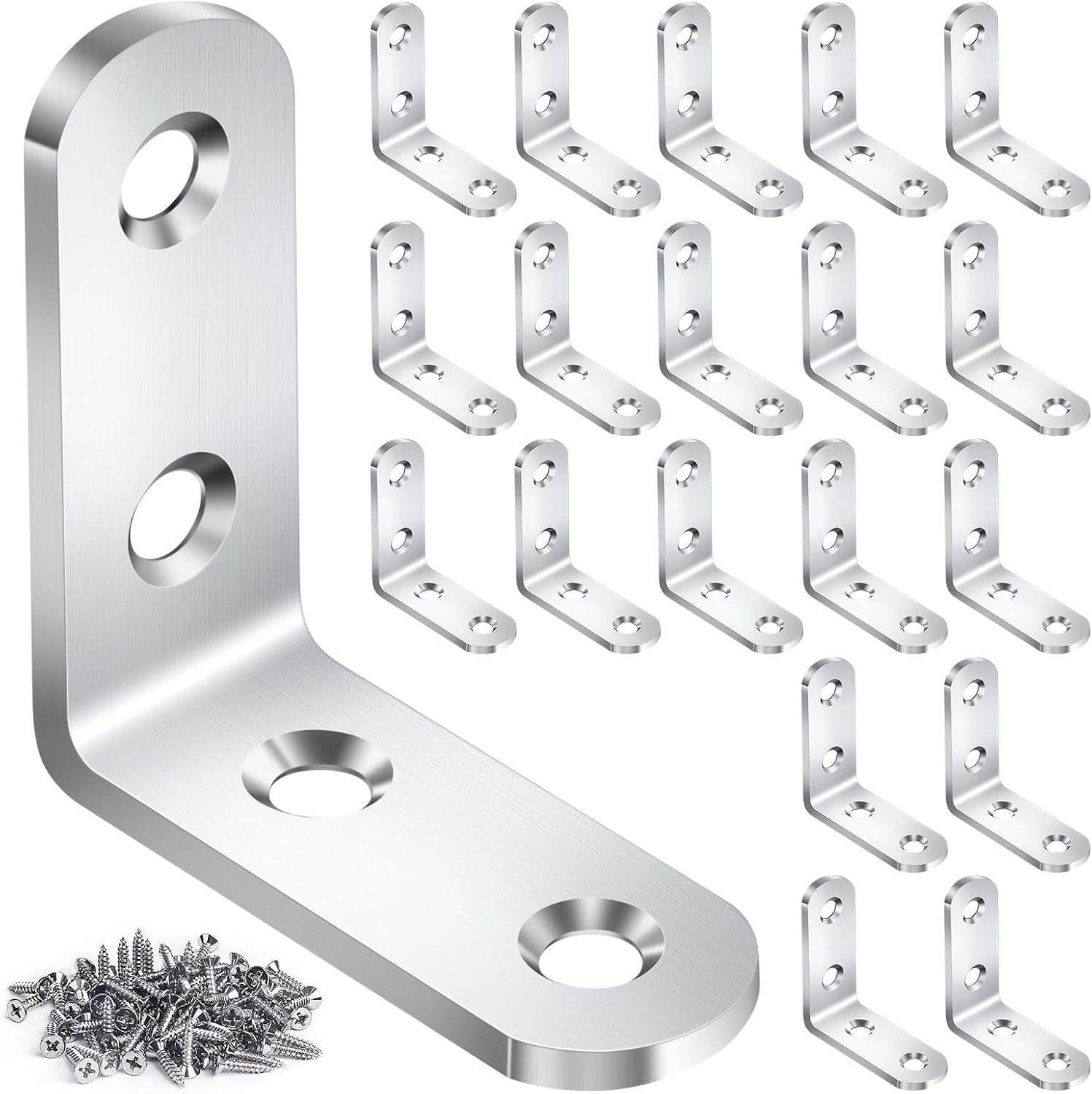 20PCS L Bracket Corner Brace Sets, Stainless Steel L Brackets for Wood Shelves, 90 Degree Right Angle Bracket with 80 Screws, 