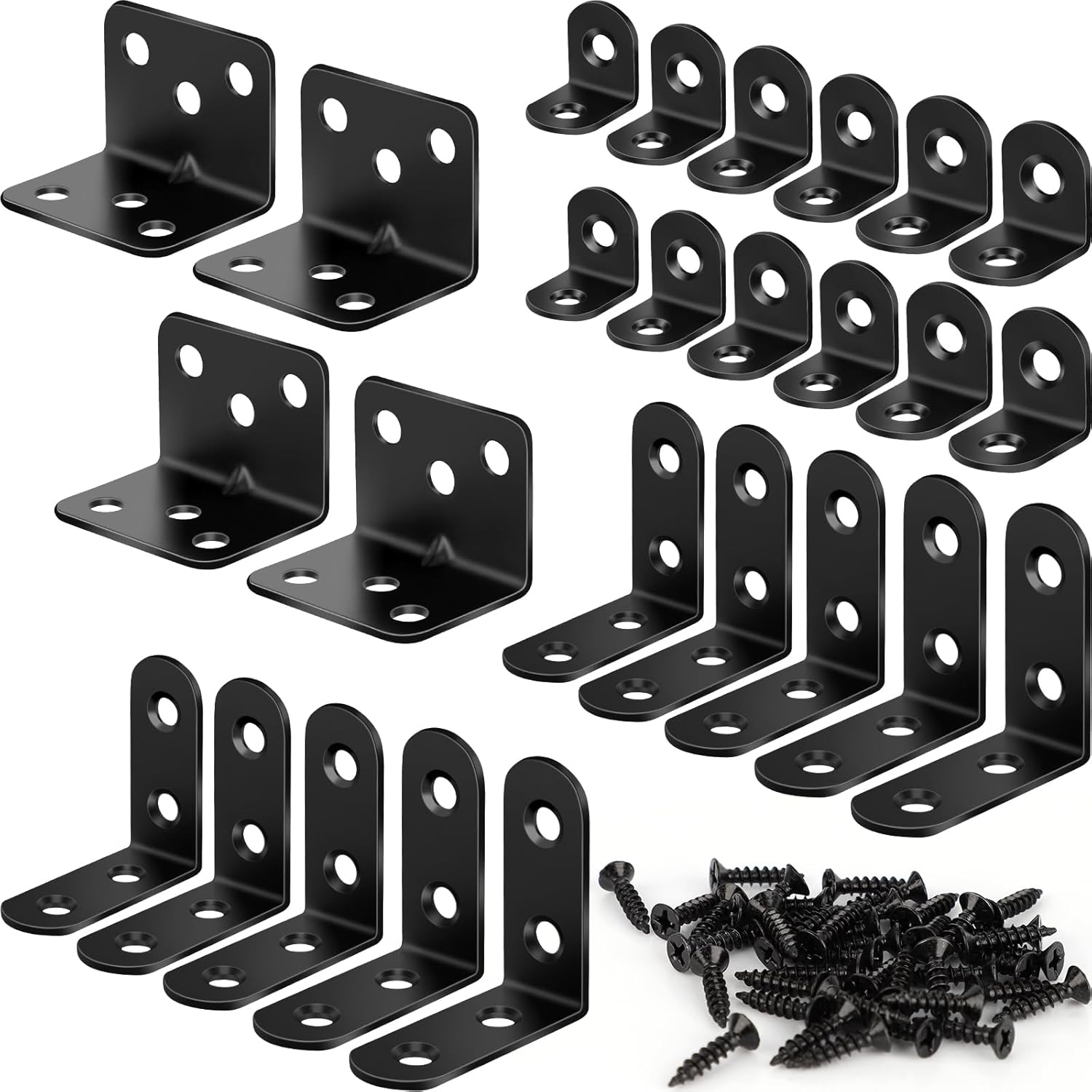 26PCS L Bracket Corner Brace Kit, 3 Sizes Stainless Steel L Brackets for Wood Shelves, 90 Degree Right Angle Bracket, 