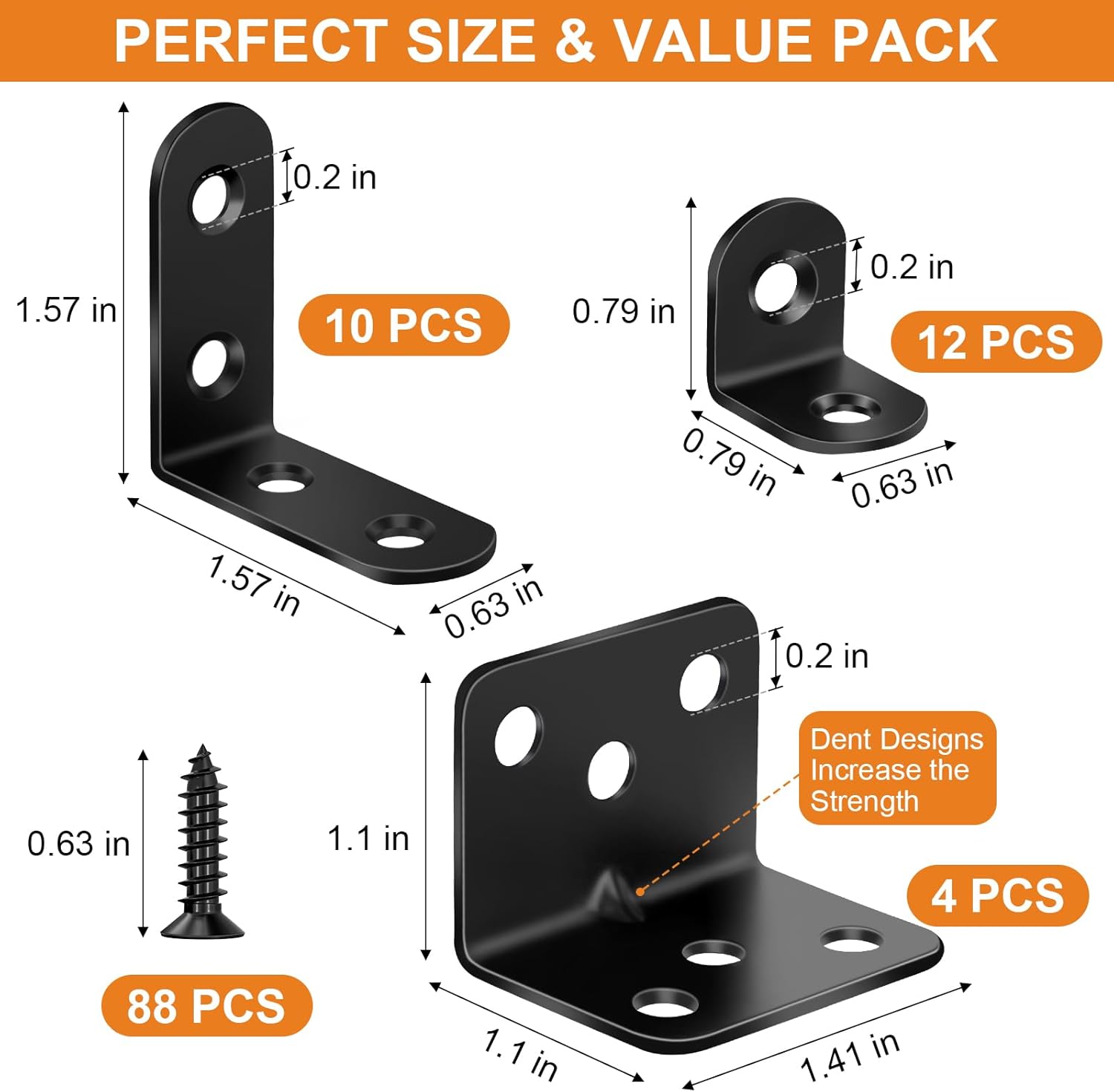 26PCS L Bracket Corner Brace Kit, 3 Sizes Stainless Steel L Brackets for Wood Shelves, 90 Degree Right Angle Bracket, 