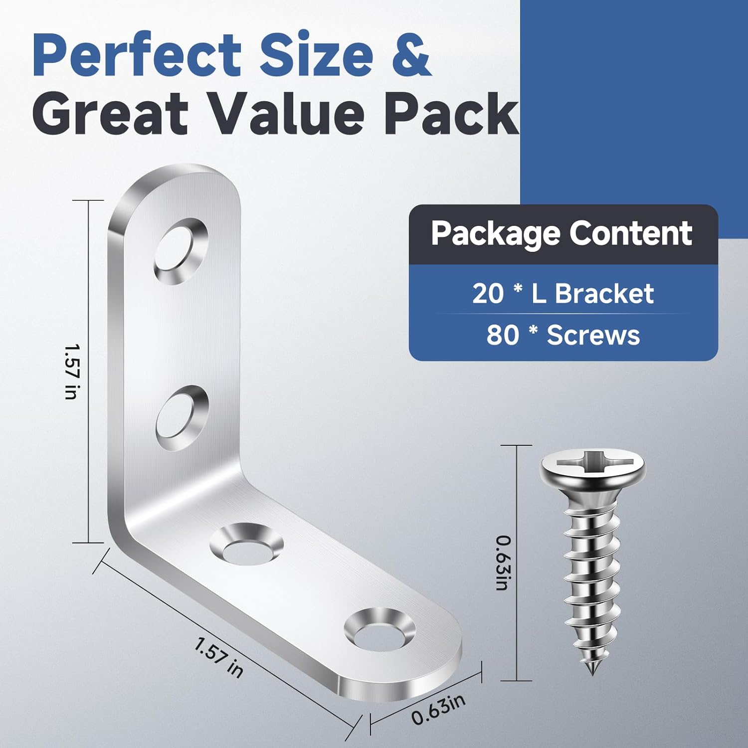 20PCS L Bracket Corner Brace Sets, Stainless Steel L Brackets for Wood Shelves, 90 Degree Right Angle Bracket with 80 Screws, 
