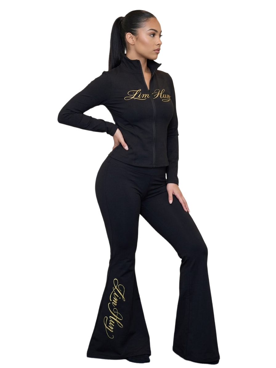 Black Zip-Up Tracksuit Set gym wear