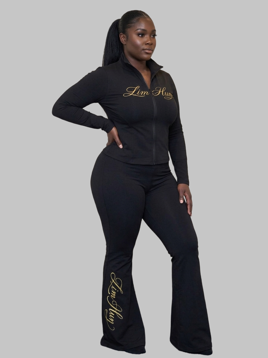 Black Zip-Up Tracksuit Set gym wear