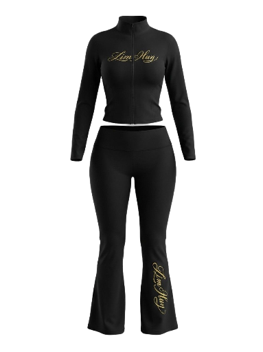 Black Zip-Up Tracksuit Set gym wear