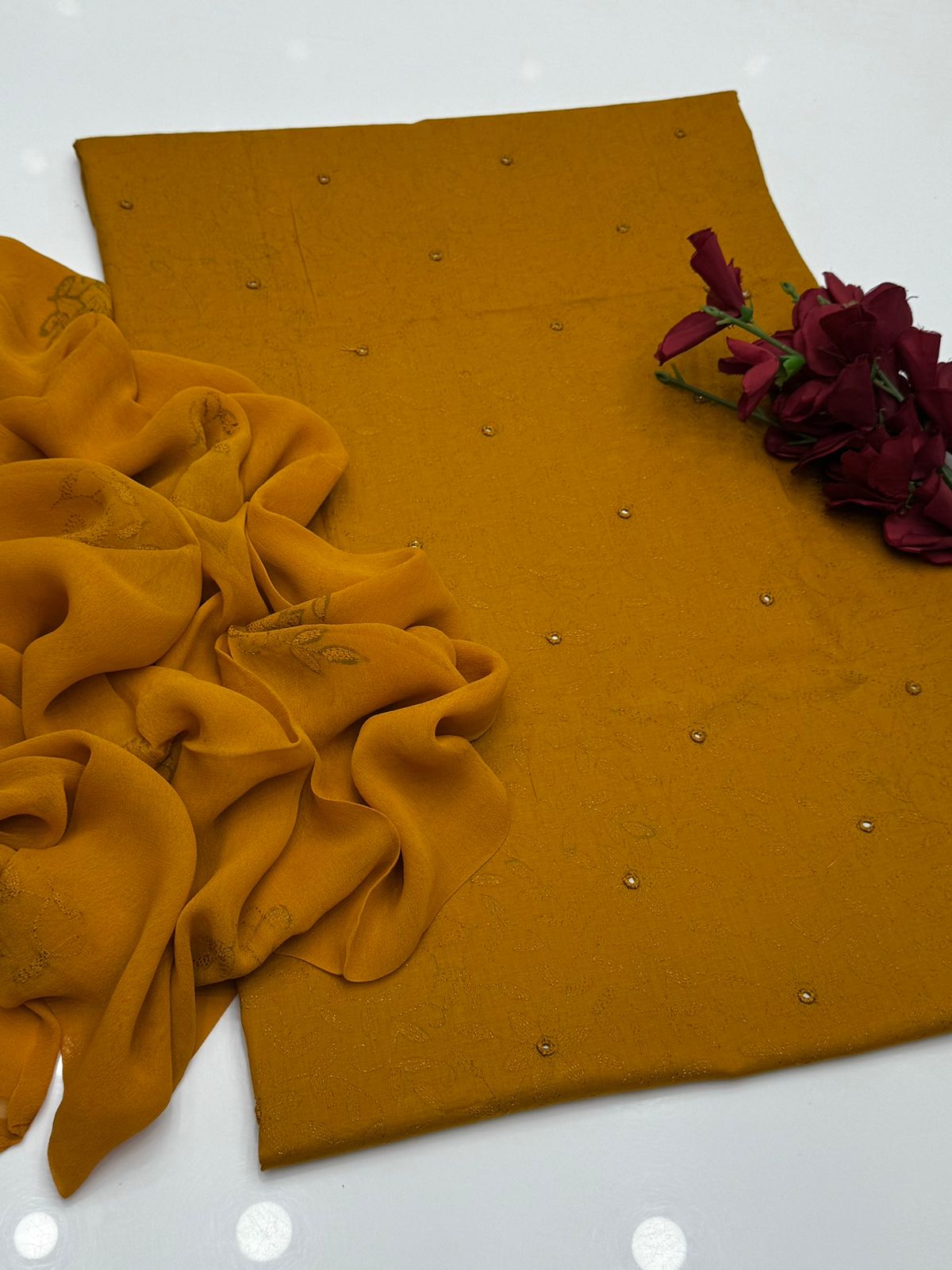 Embellished Mustard Cotton 3 Piece (Unstitched)