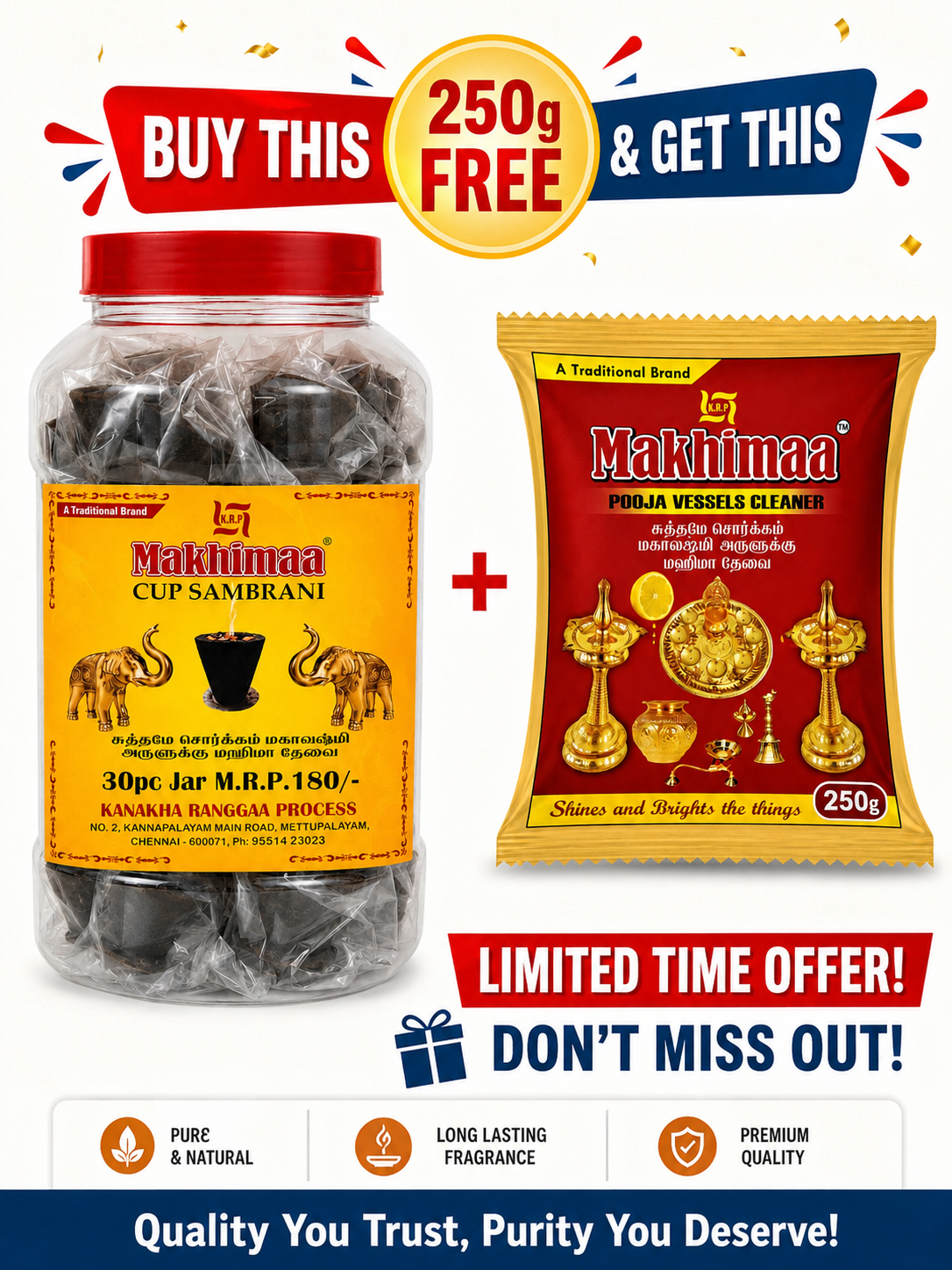 Makhimaa Cup Sambrani (30 Cups Jar) + FREE 250g Pooja Vessels Cleaner | Limited Time Offer