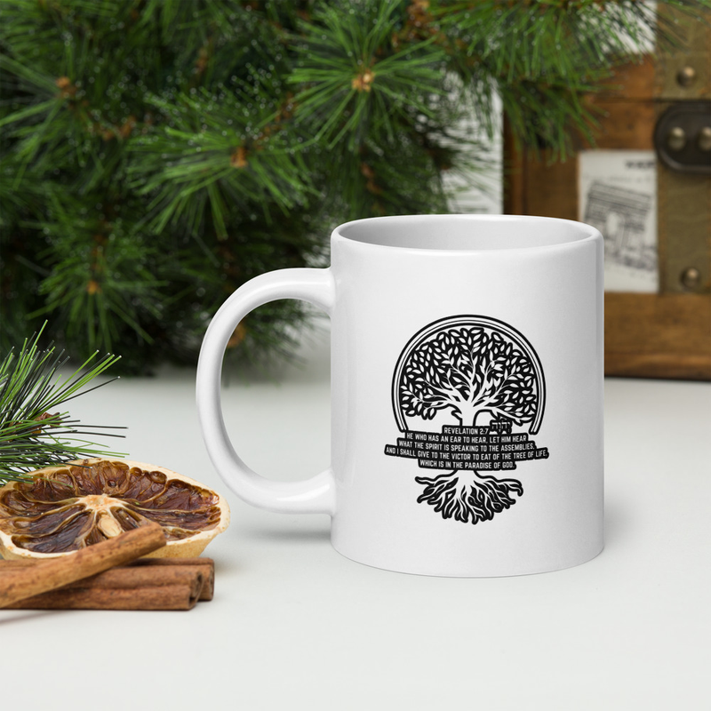 Tree of Life – Revelation 2:7 Mug ☕ (White glossy mug)