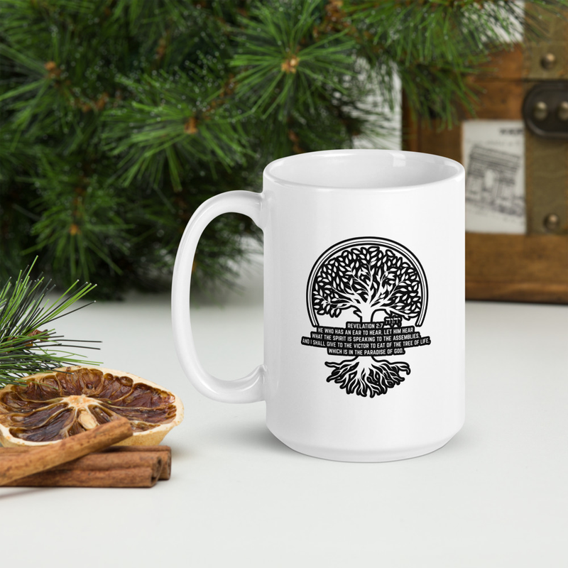 Tree of Life – Revelation 2:7 Mug ☕ (White glossy mug)