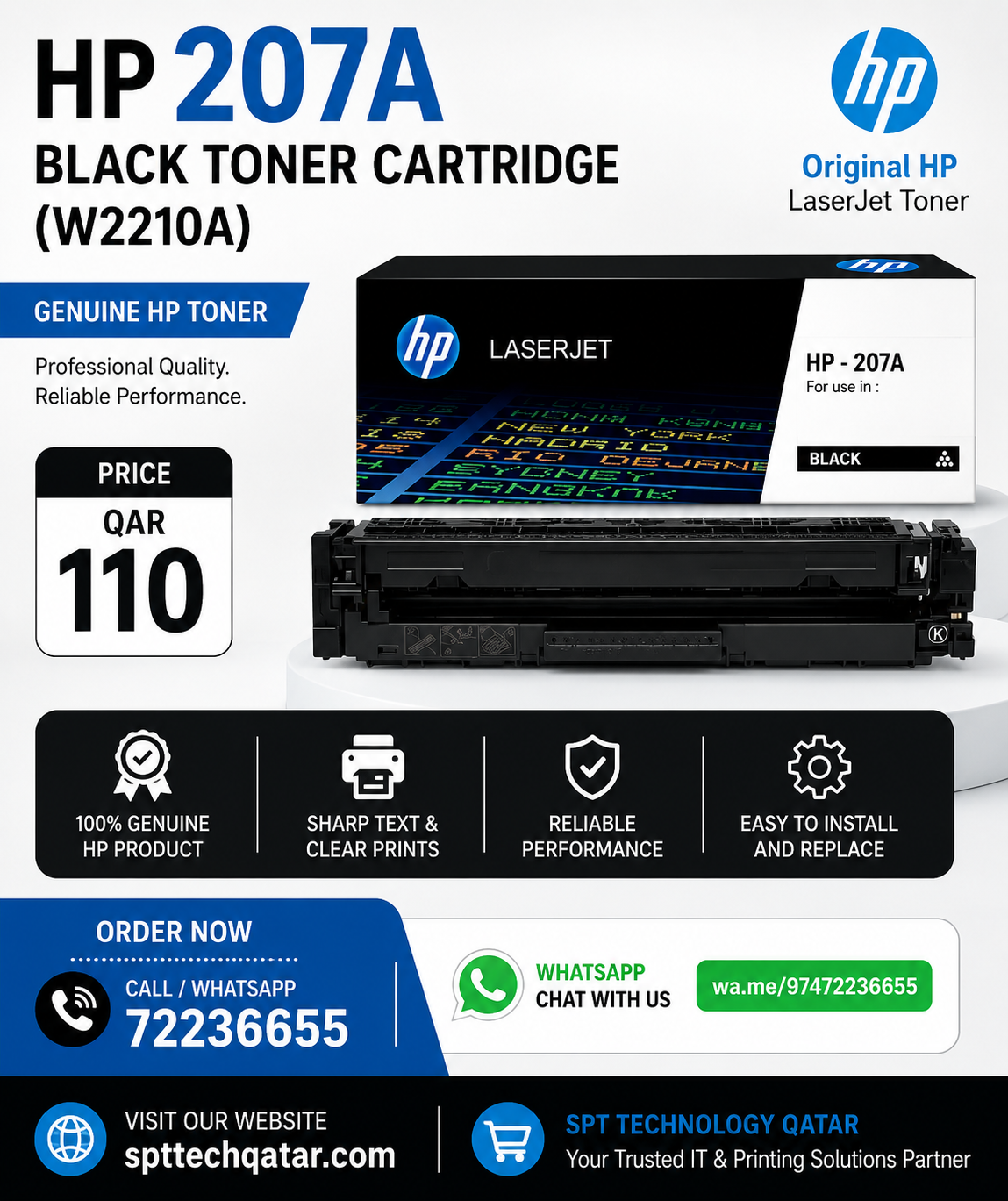 HP 207A Black Original LaserJet Toner Cartridge (W2210A) Genuine HP Toner