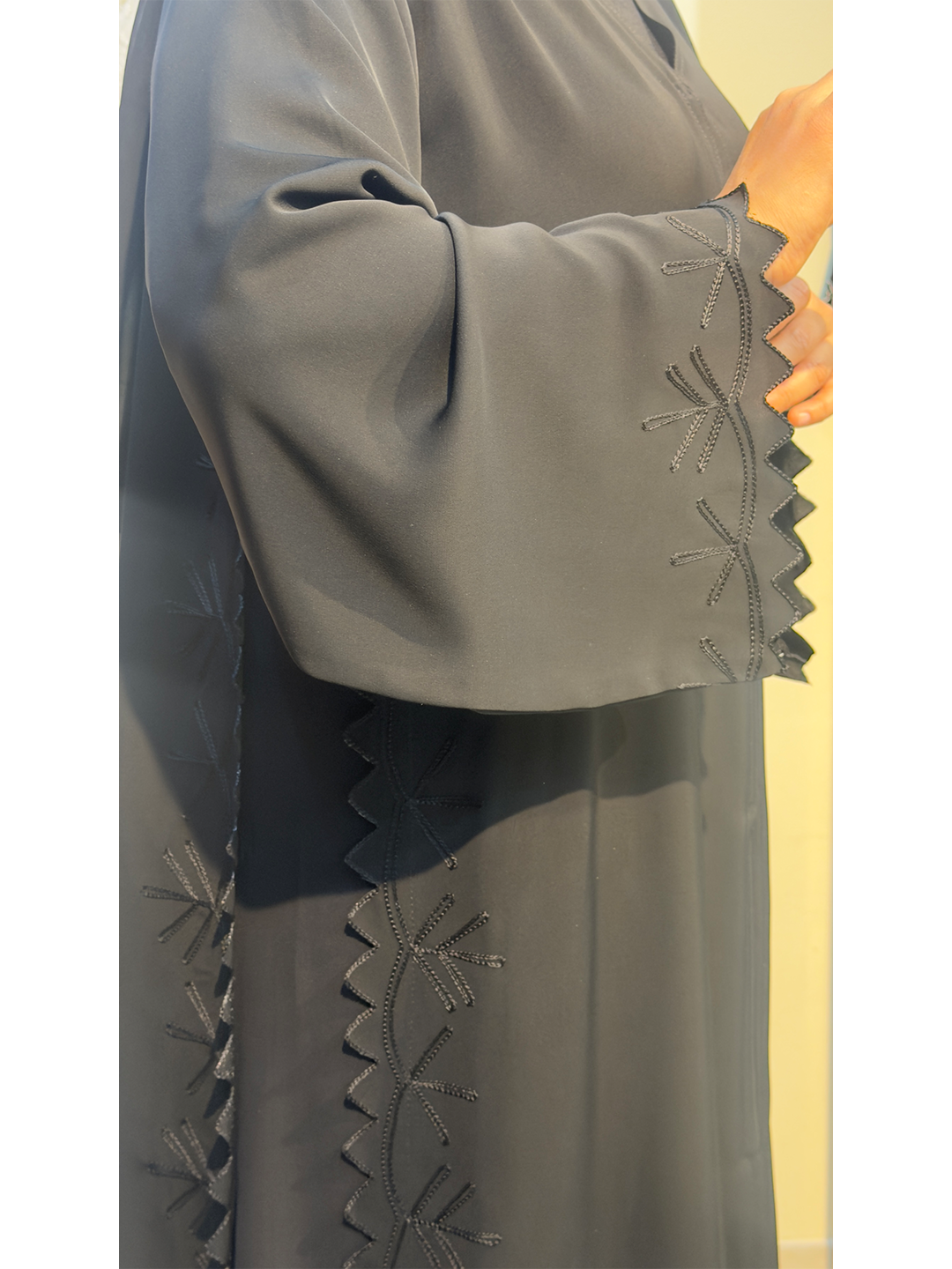 Black Abaya with Embroidered Flared Sleeves and Side Lacer Cut, Nida Fabric