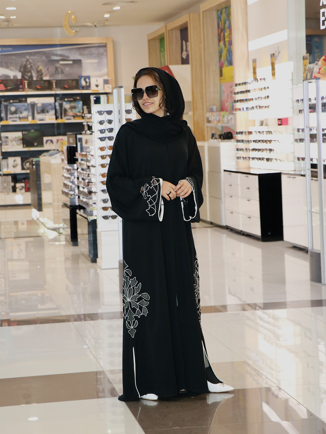 Black Abaya with White Geometric Embroidery and Piping