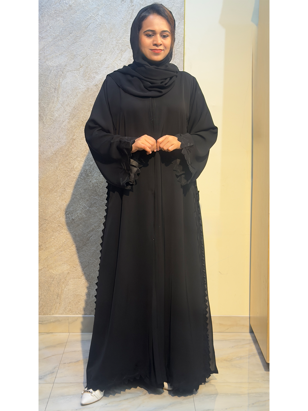 Black Abaya with Embroidered Flared Sleeves and Side Lacer Cut, Nida Fabric