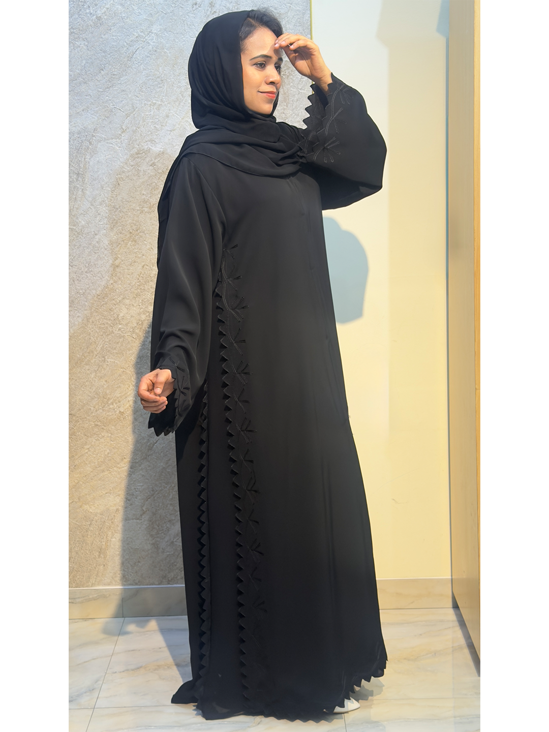 Black Abaya with Embroidered Flared Sleeves and Side Lacer Cut, Nida Fabric