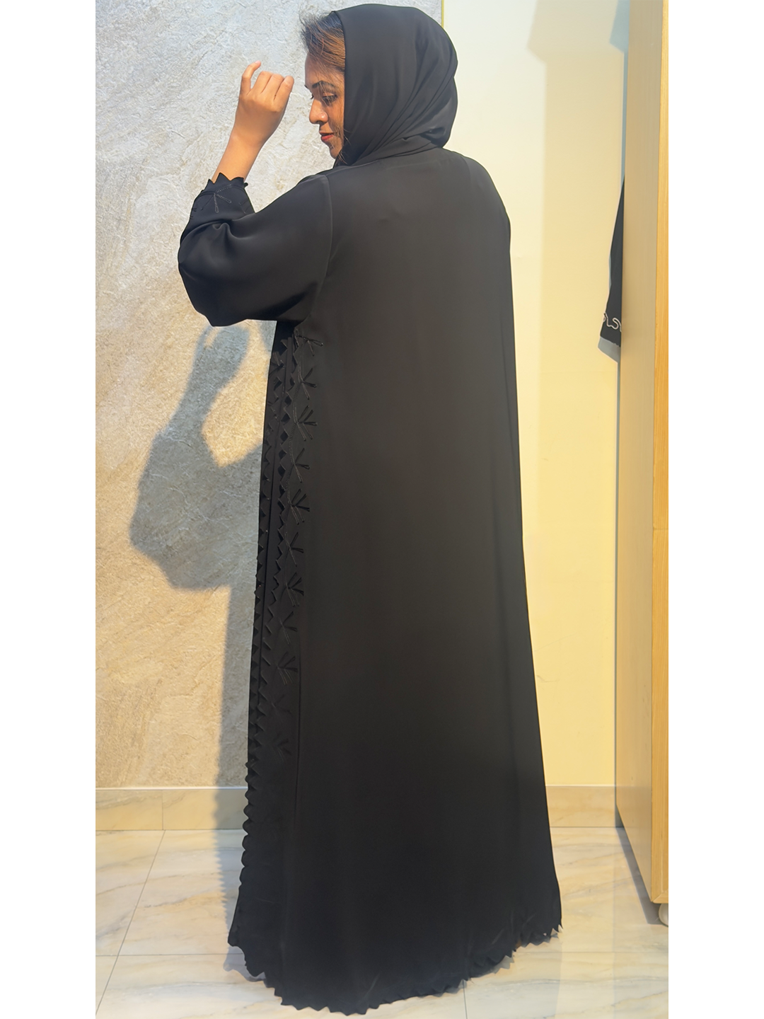 Black Abaya with Embroidered Flared Sleeves and Side Lacer Cut, Nida Fabric