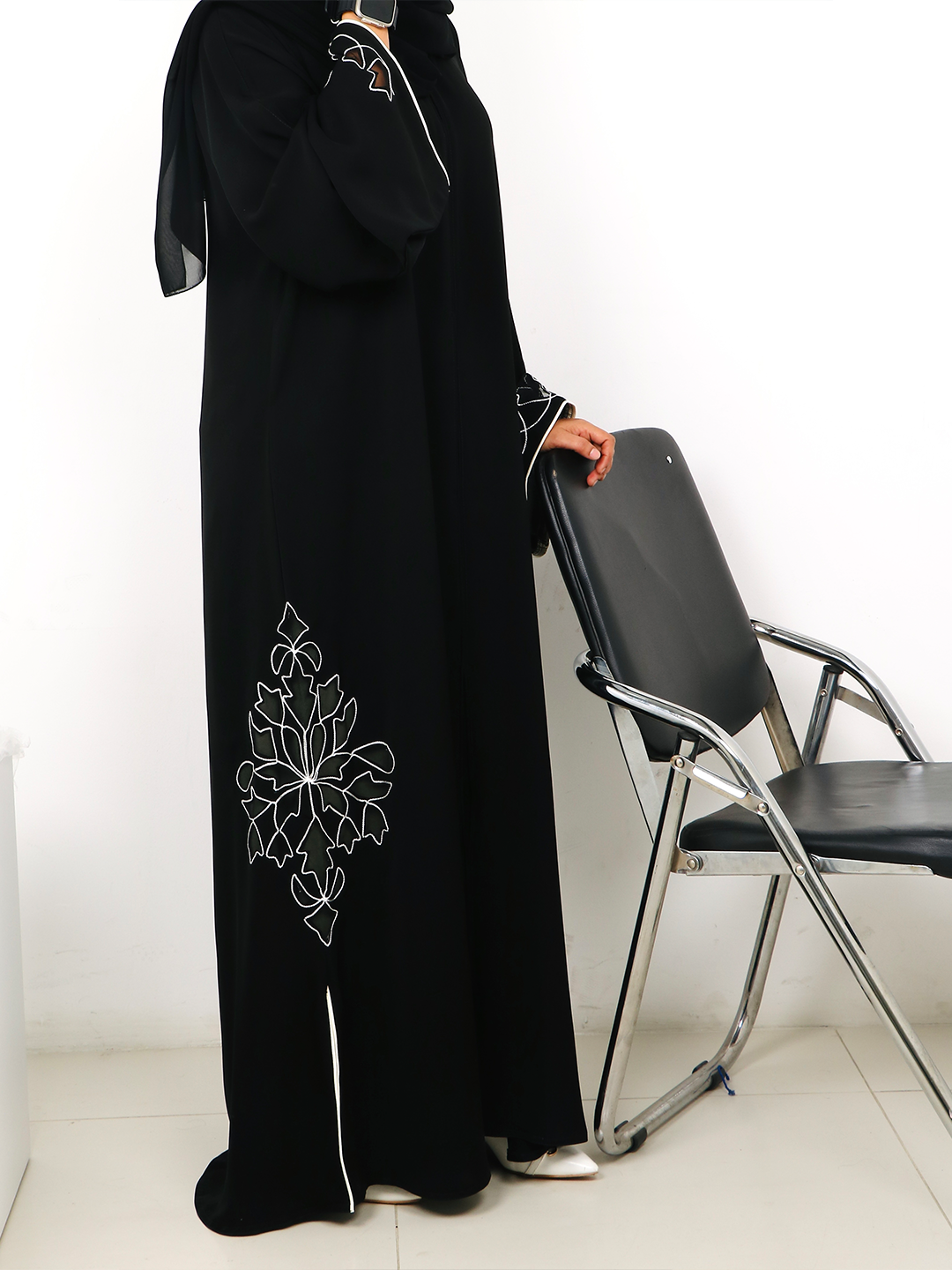 Black Abaya with White Geometric Embroidery and Piping
