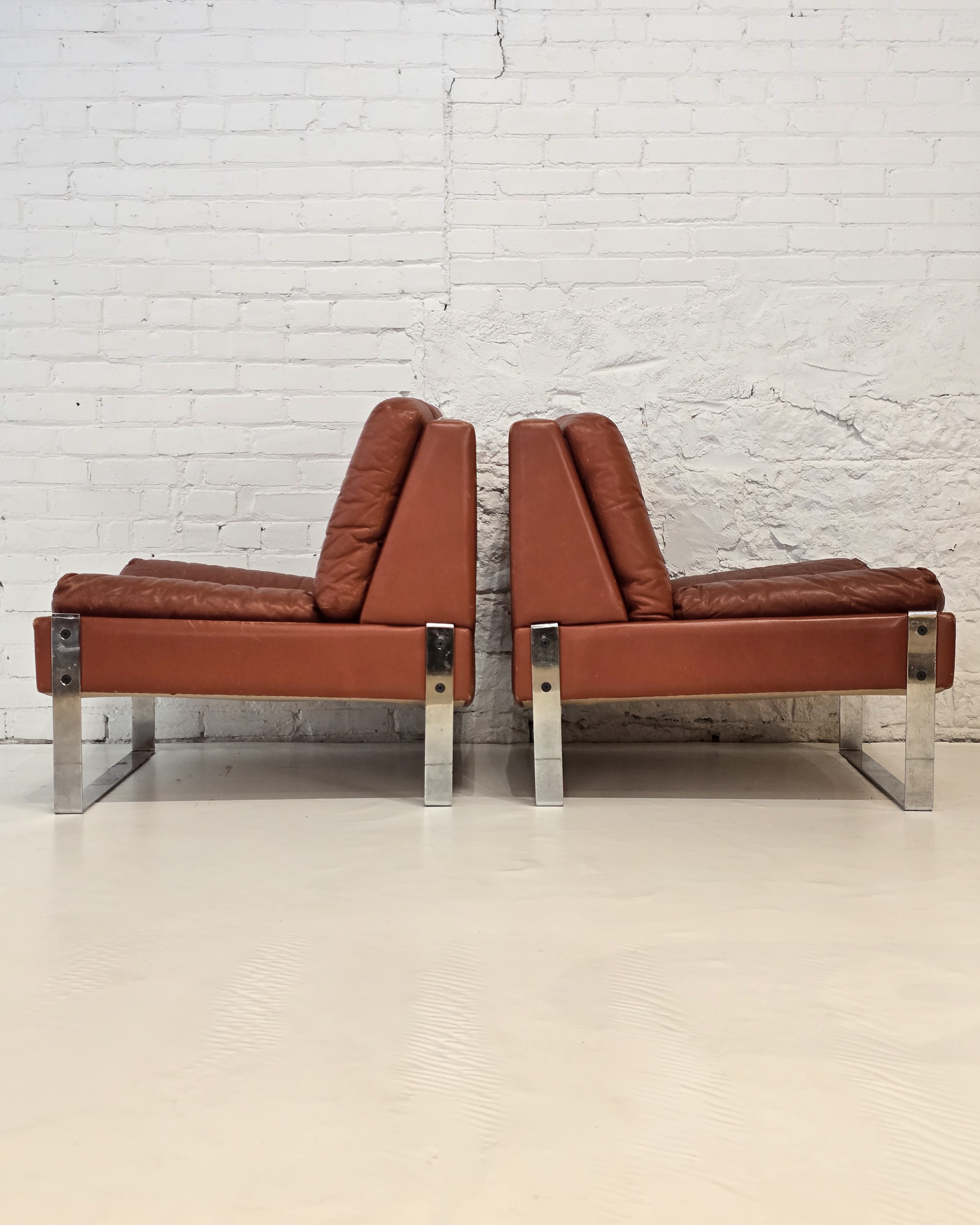  Pair of Cognac Leather & Chrome Flat-Bar Lounge Chairs