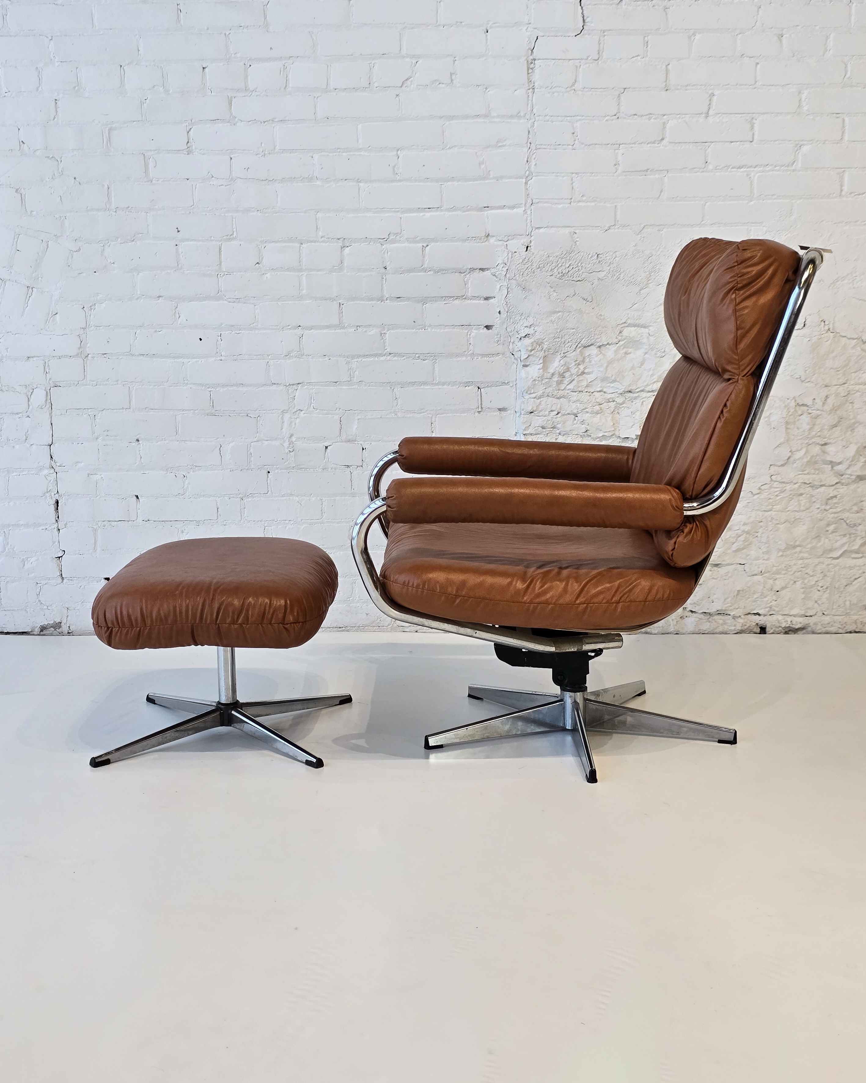 Cognac Leather Swivel Lounge Chair & Ottoman