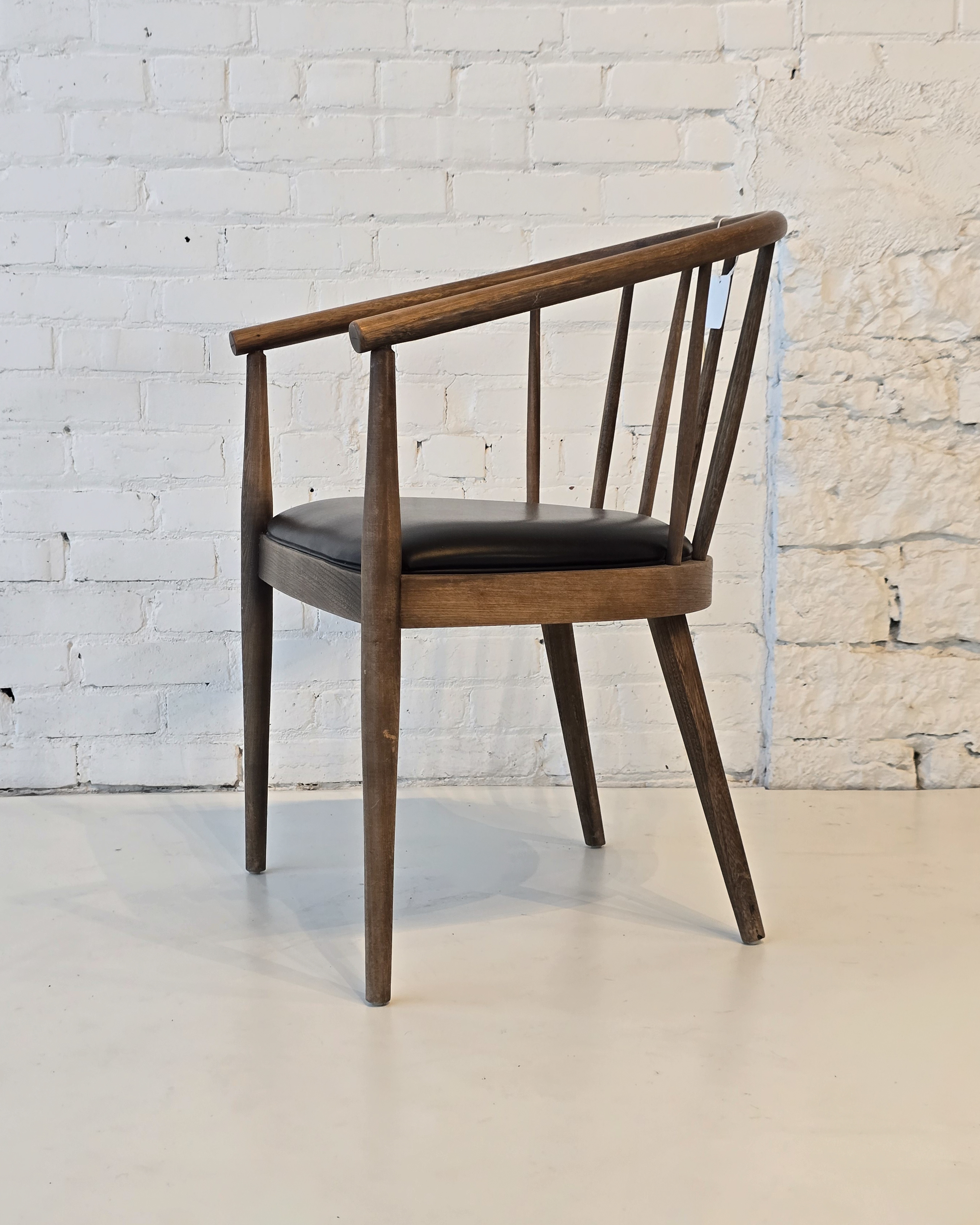 Walnut Spindle-Back Armchair with Black Leather Seat
