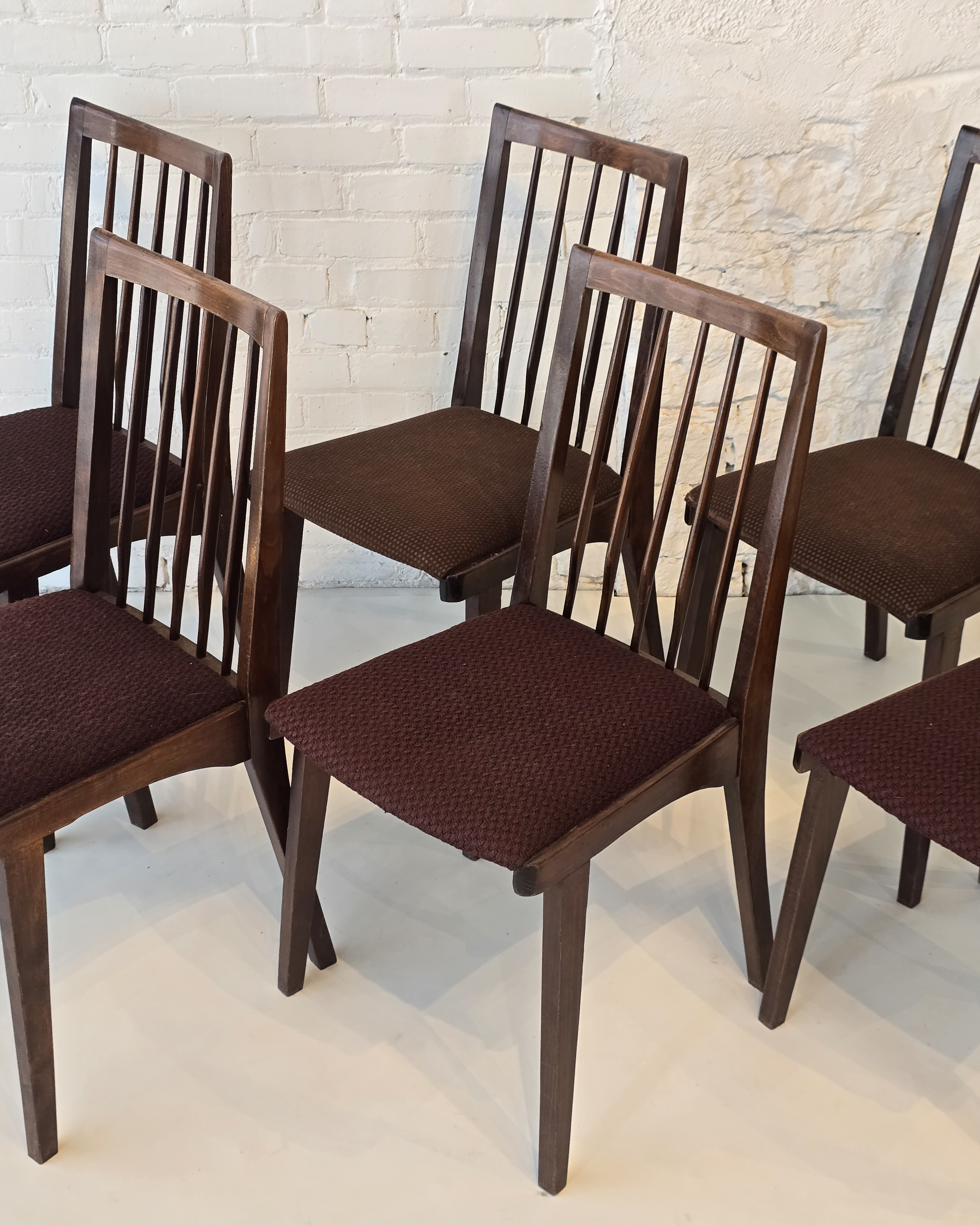 Set of Six Dark Walnut High-Back Dining Chairs with Upholstered Seats