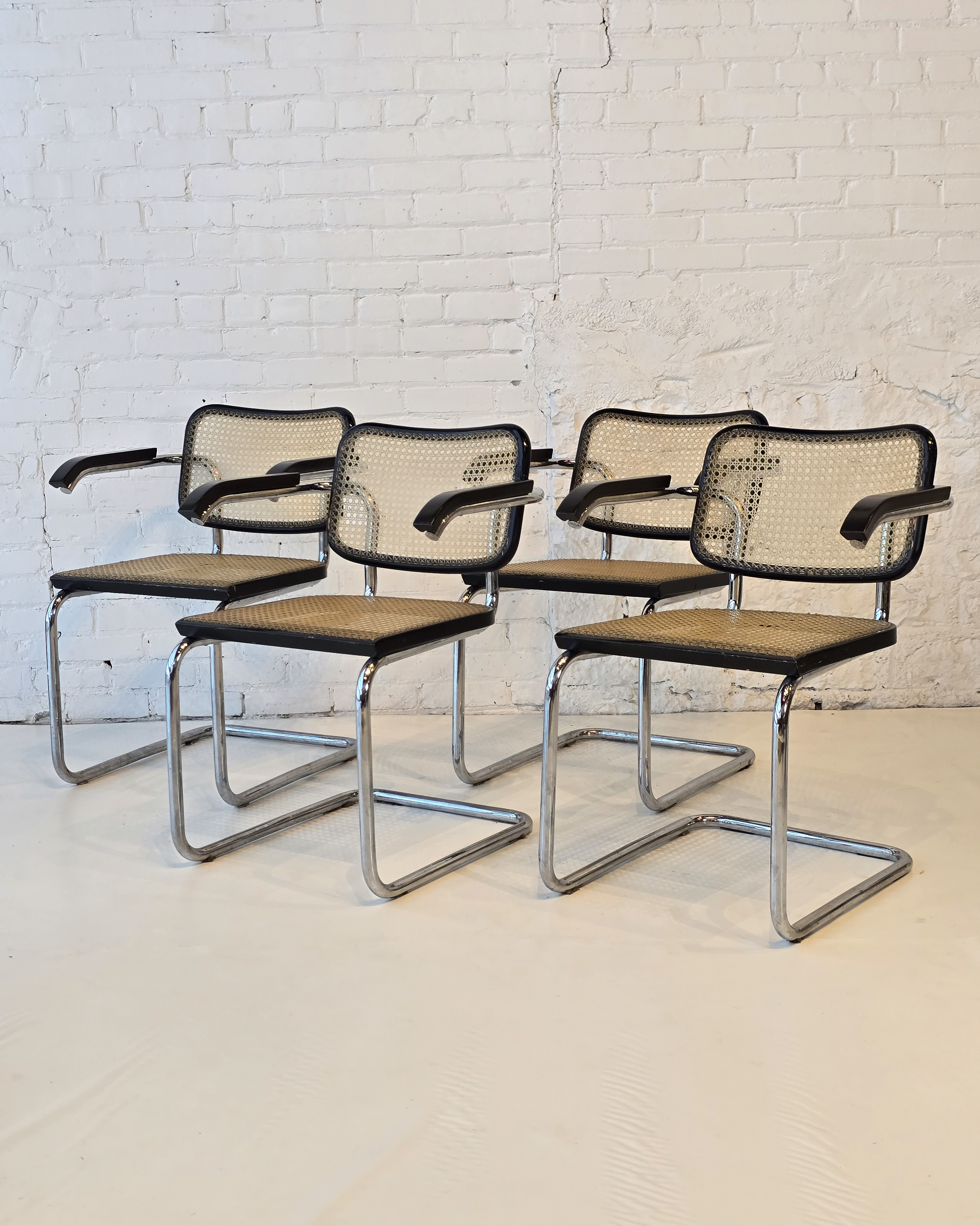 Set of Four Cesca-Style Cane & Chrome Armchairs in Ebonized Finish