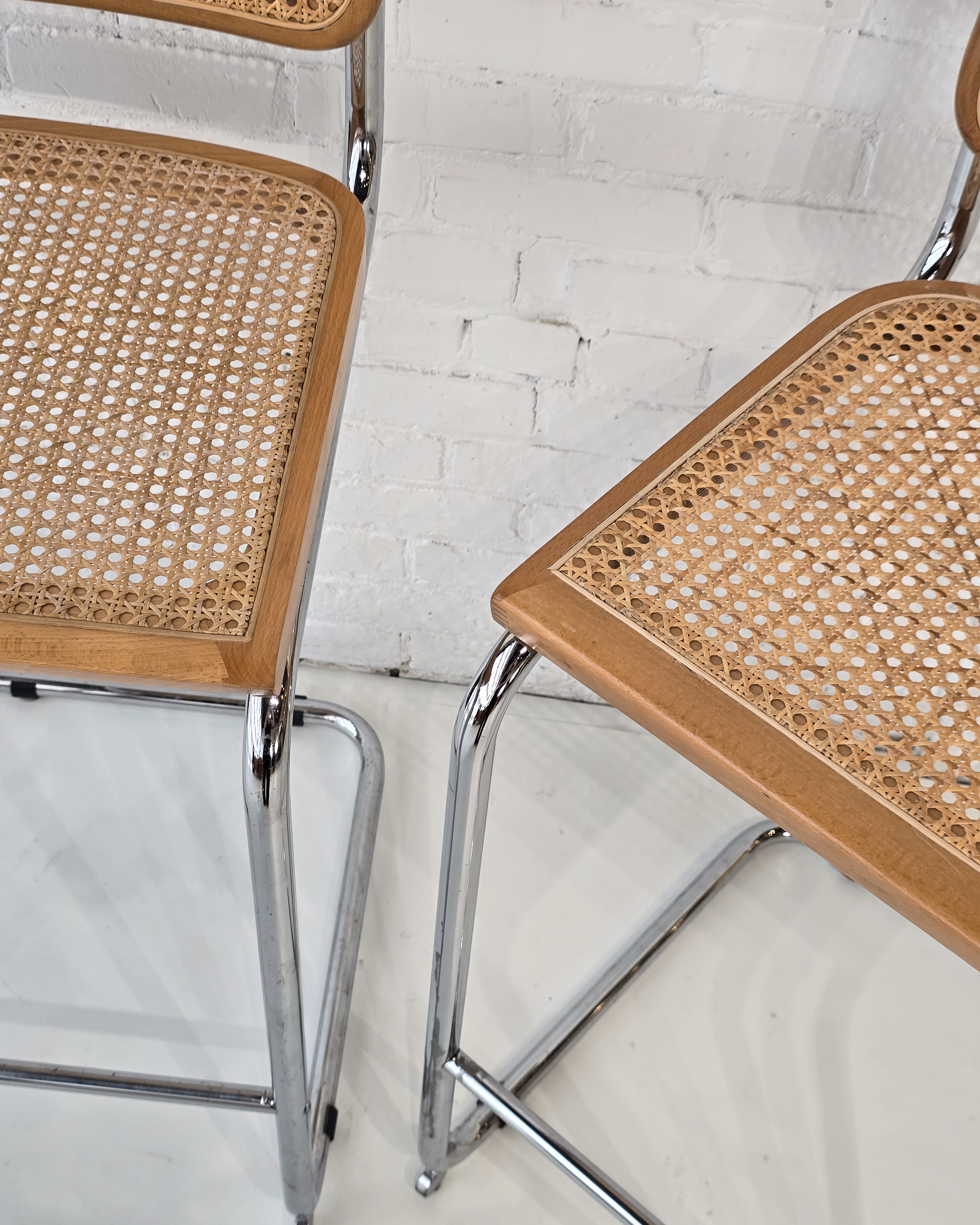 Pair of Cesca-Style Cane & Chrome Counter Stools