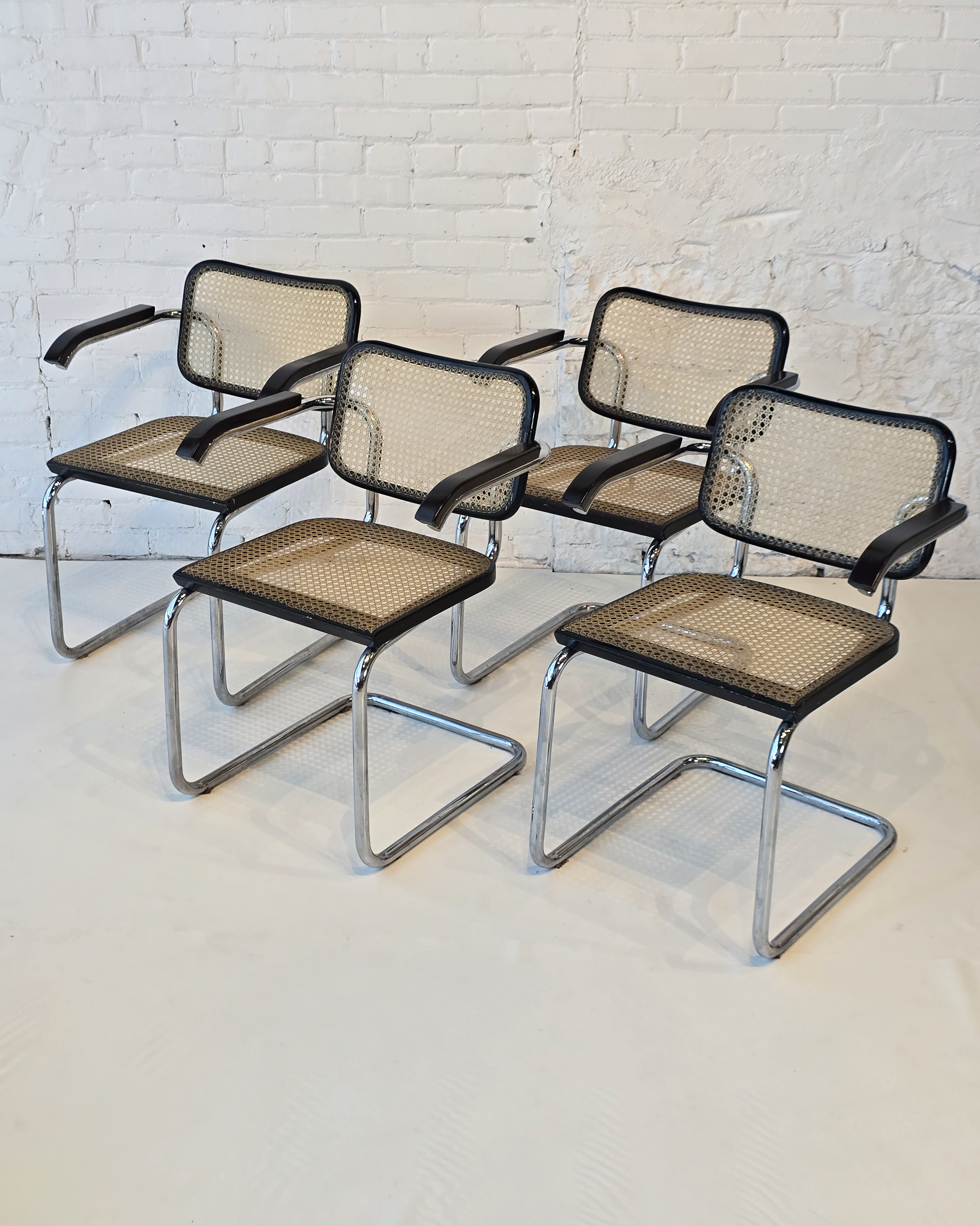 Set of Four Cesca-Style Cane & Chrome Armchairs in Ebonized Finish