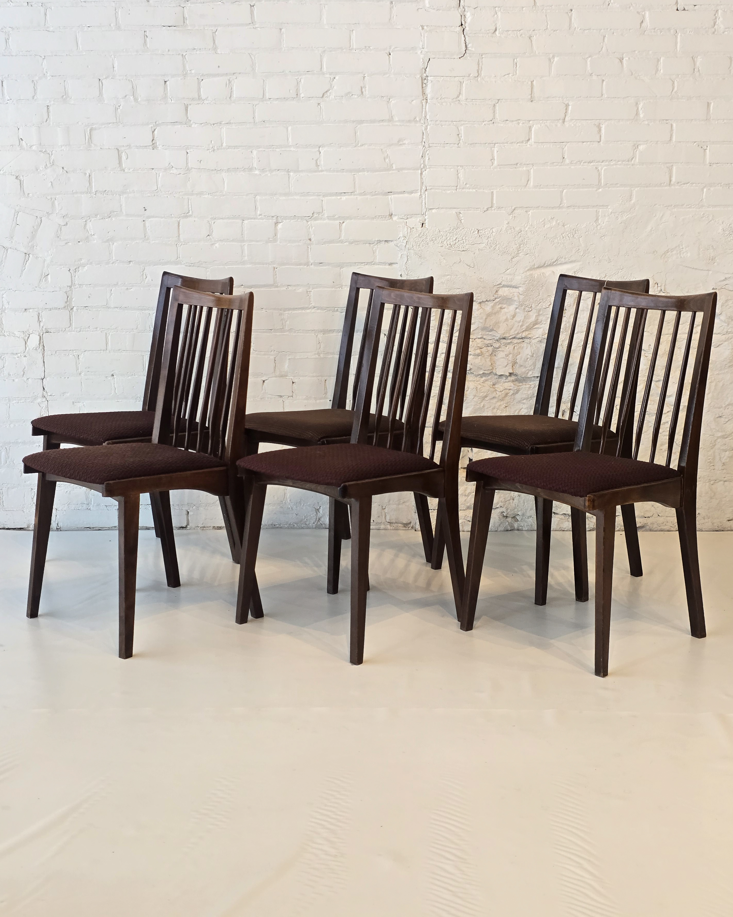 Set of Six Dark Walnut High-Back Dining Chairs with Upholstered Seats