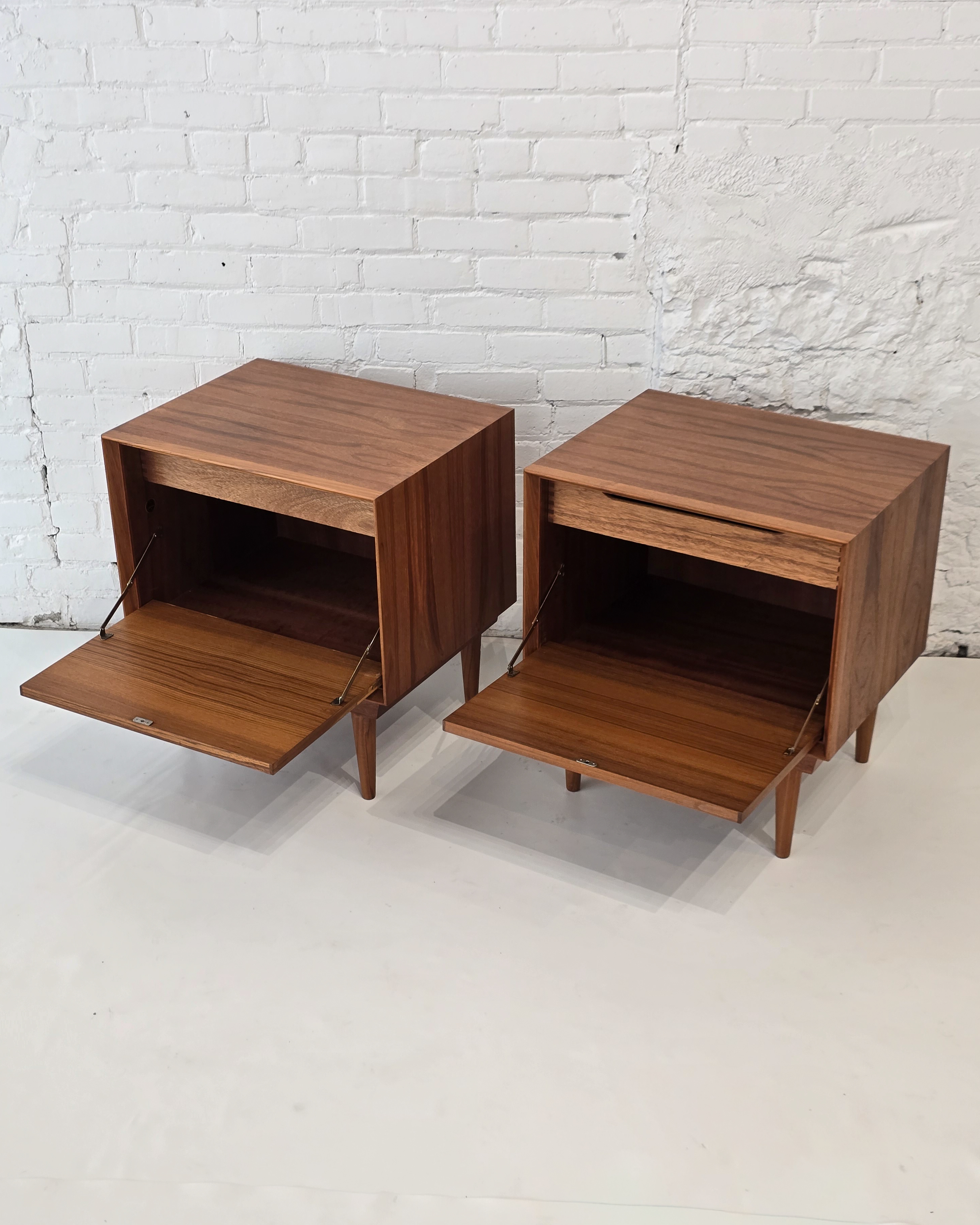 Pair of Walnut Nightstands with Drop Down Doors