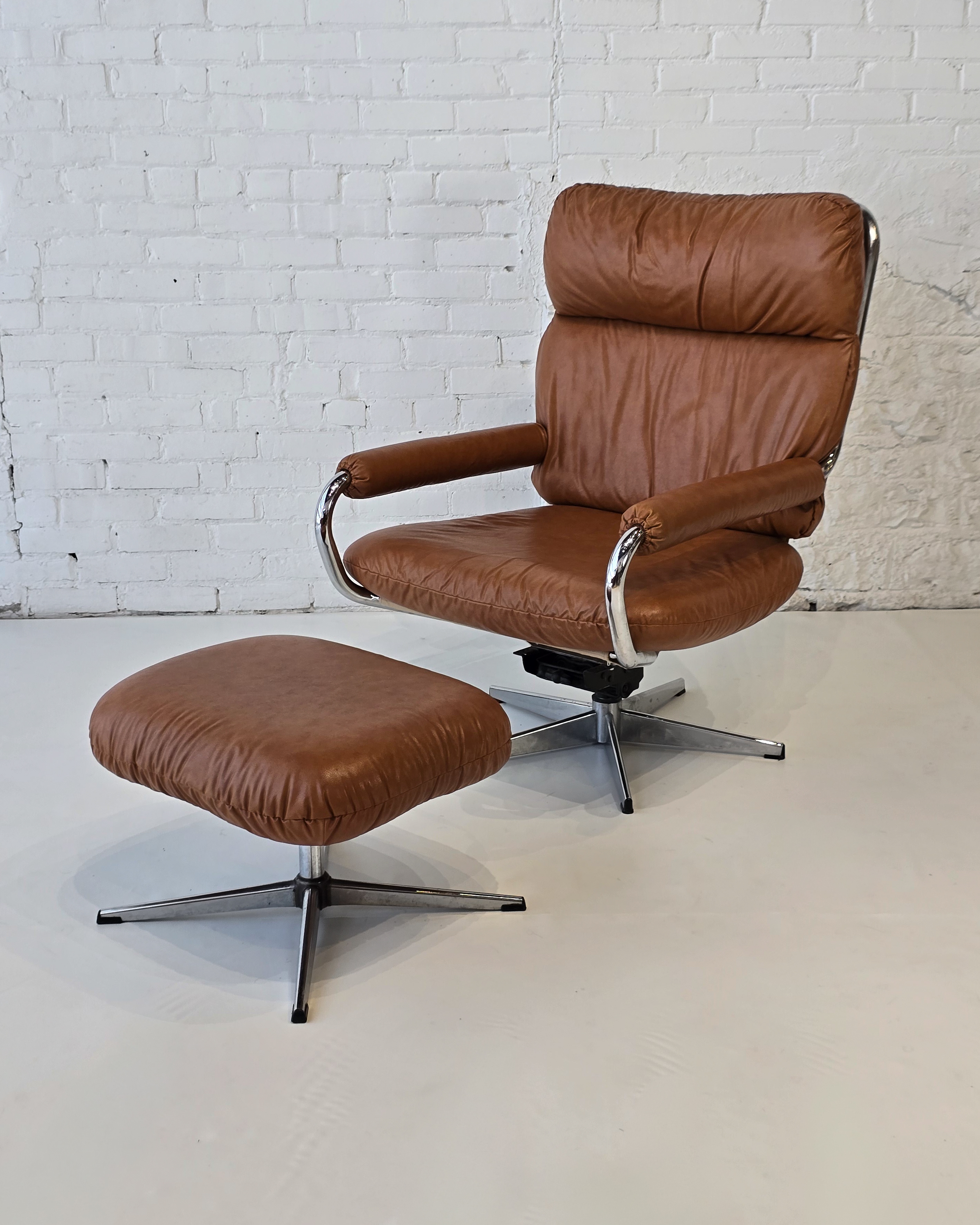 Cognac Leather Swivel Lounge Chair & Ottoman